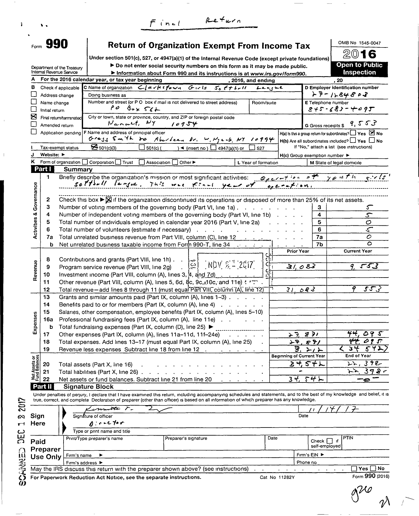 Image of first page of 2016 Form 990 for Clarkstown Girls Softball League