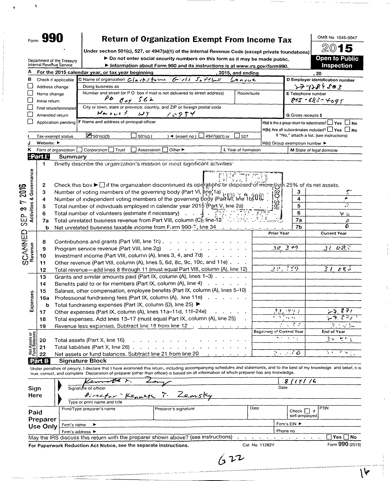 Image of first page of 2015 Form 990 for Clarkstown Girls Softball League