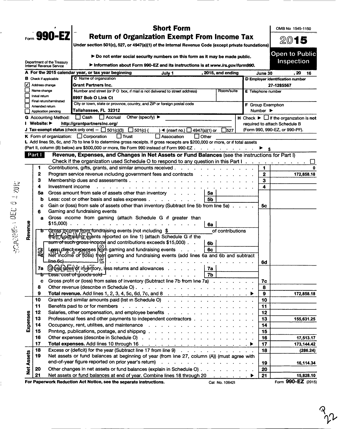 Image of first page of 2015 Form 990EO for Grant Partners