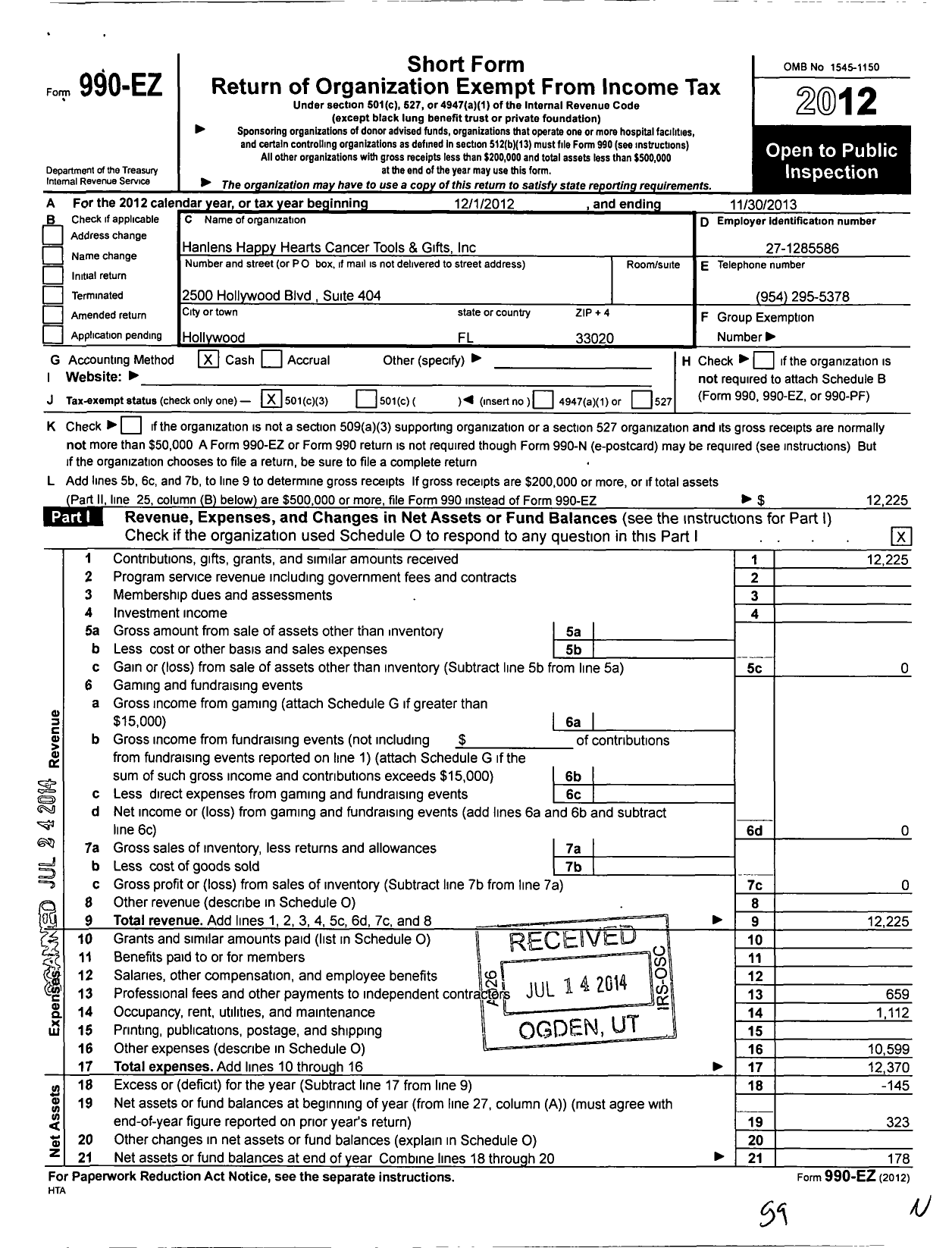 Image of first page of 2012 Form 990EZ for Hanlens S Happy Hearts Cancer Tools and Gifts