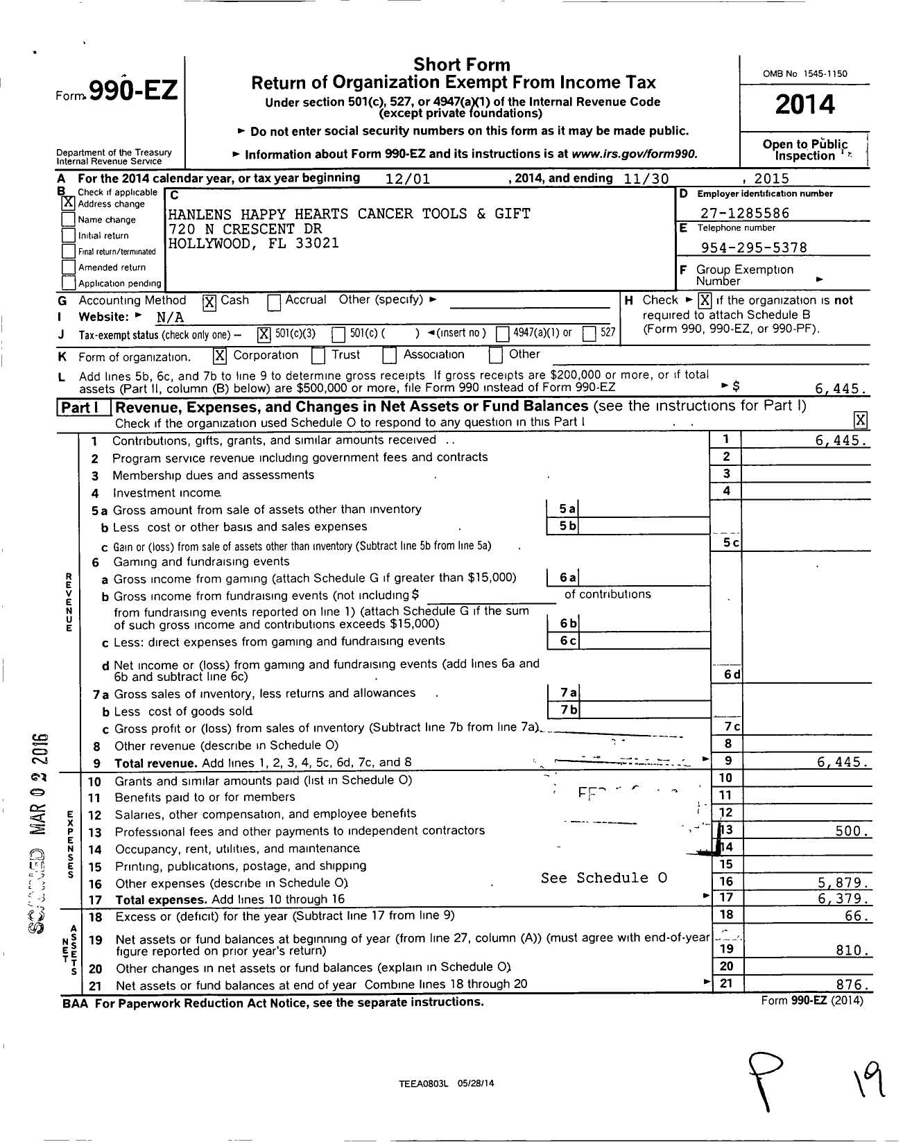 Image of first page of 2014 Form 990EZ for Hanlens S Happy Hearts Cancer Tools and Gifts