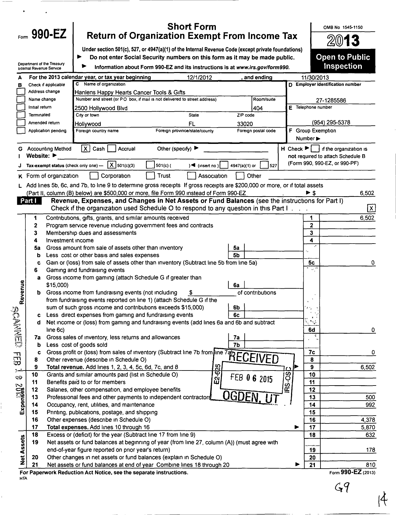 Image of first page of 2012 Form 990EZ for Hanlens S Happy Hearts Cancer Tools and Gifts