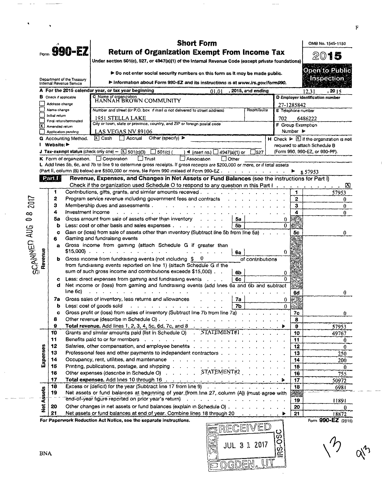 Image of first page of 2015 Form 990EZ for Hannah Brown Community Development Corporation