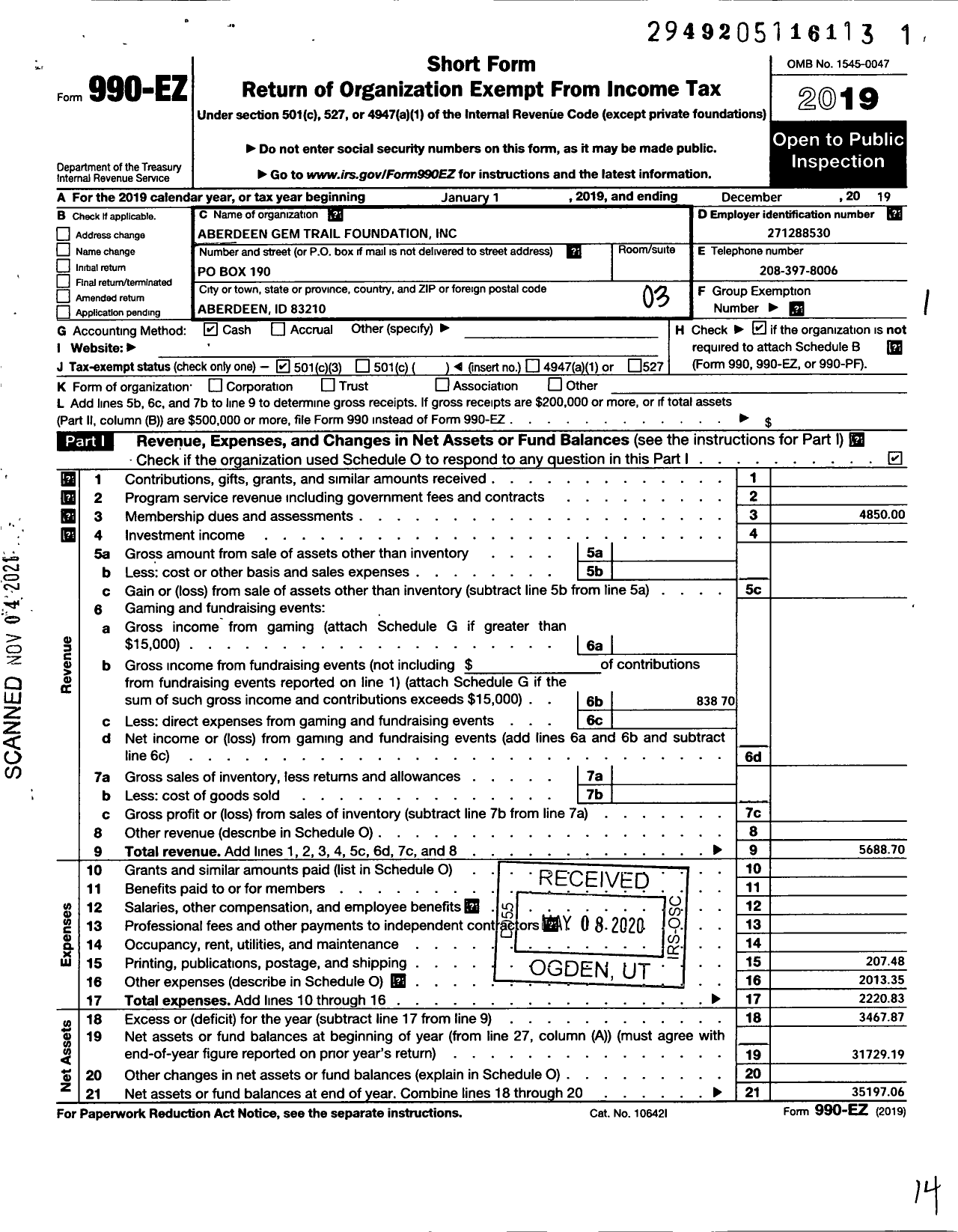 Image of first page of 2019 Form 990EZ for Aberdeen Gem Trail Foundation