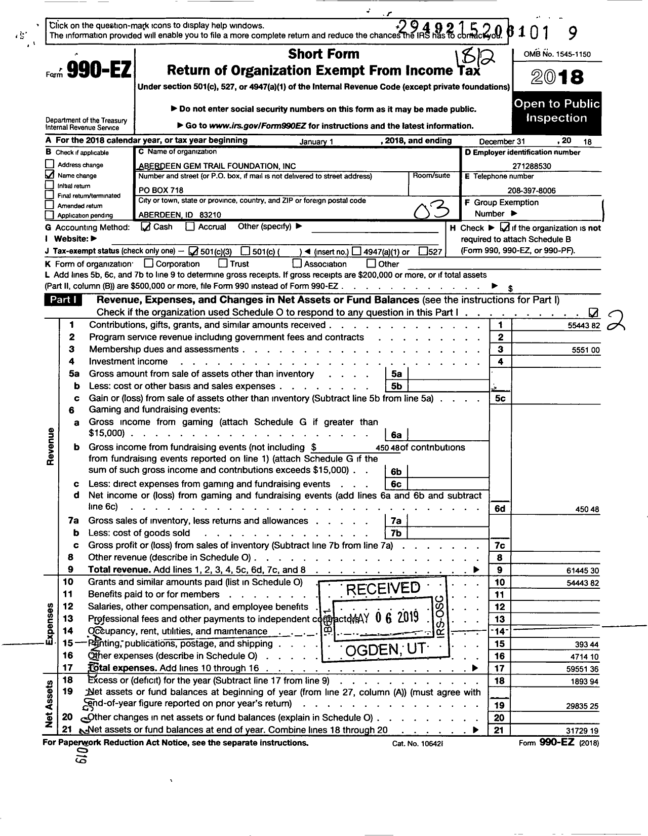 Image of first page of 2018 Form 990EZ for Aberdeen Gem Trail Foundation