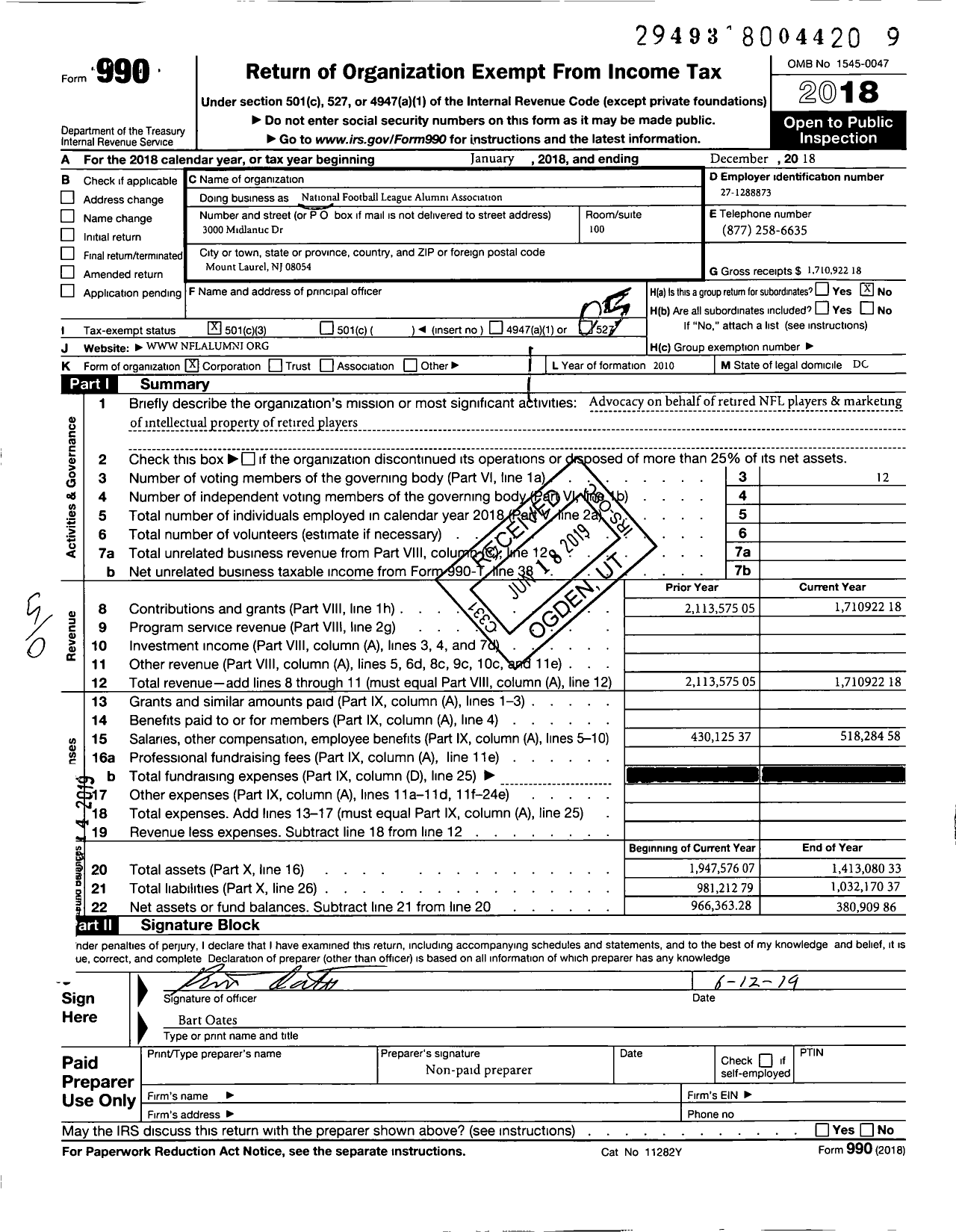 Image of first page of 2018 Form 990O for National Football League Alumni Association