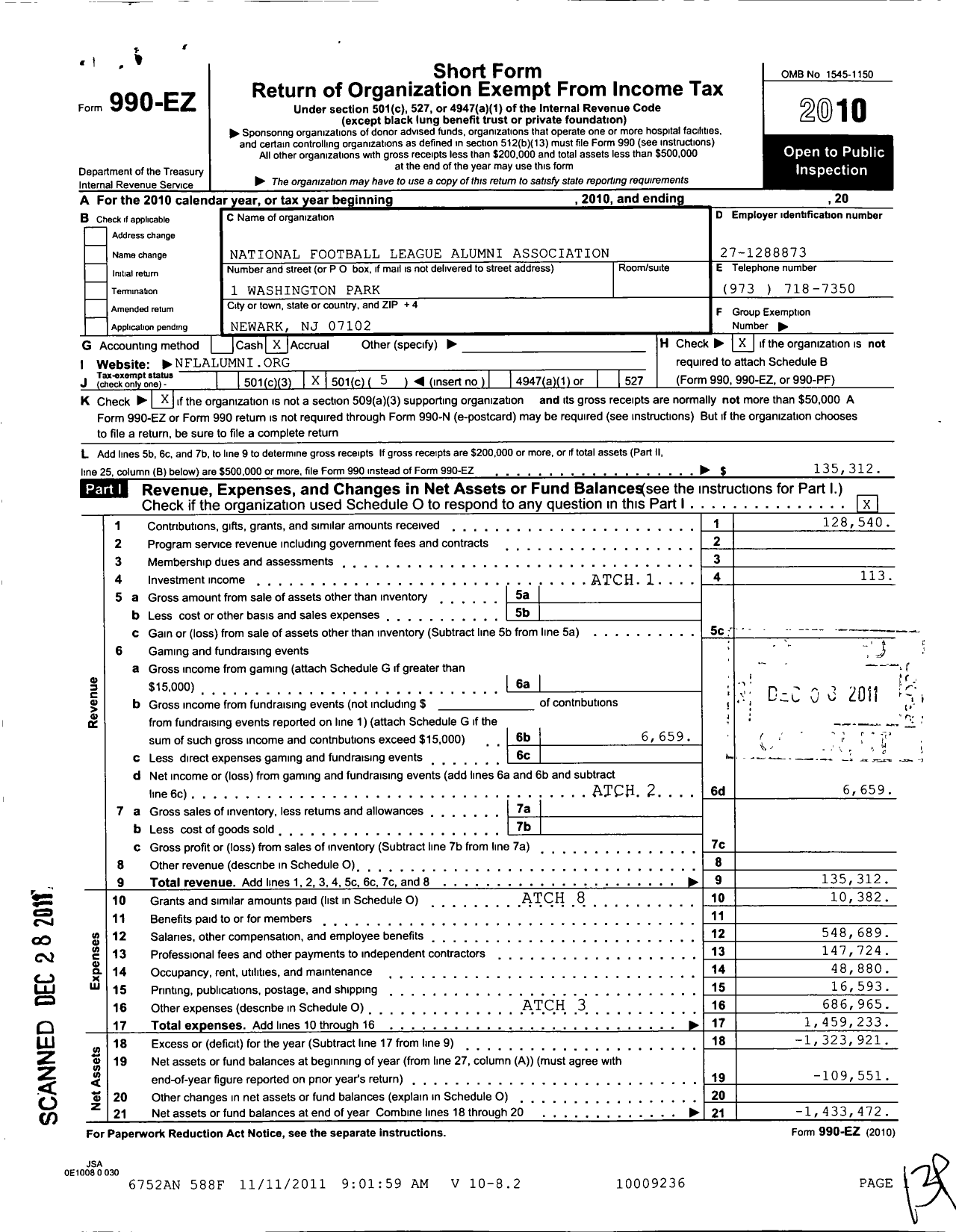 Image of first page of 2010 Form 990EO for National Football League Alumni Association