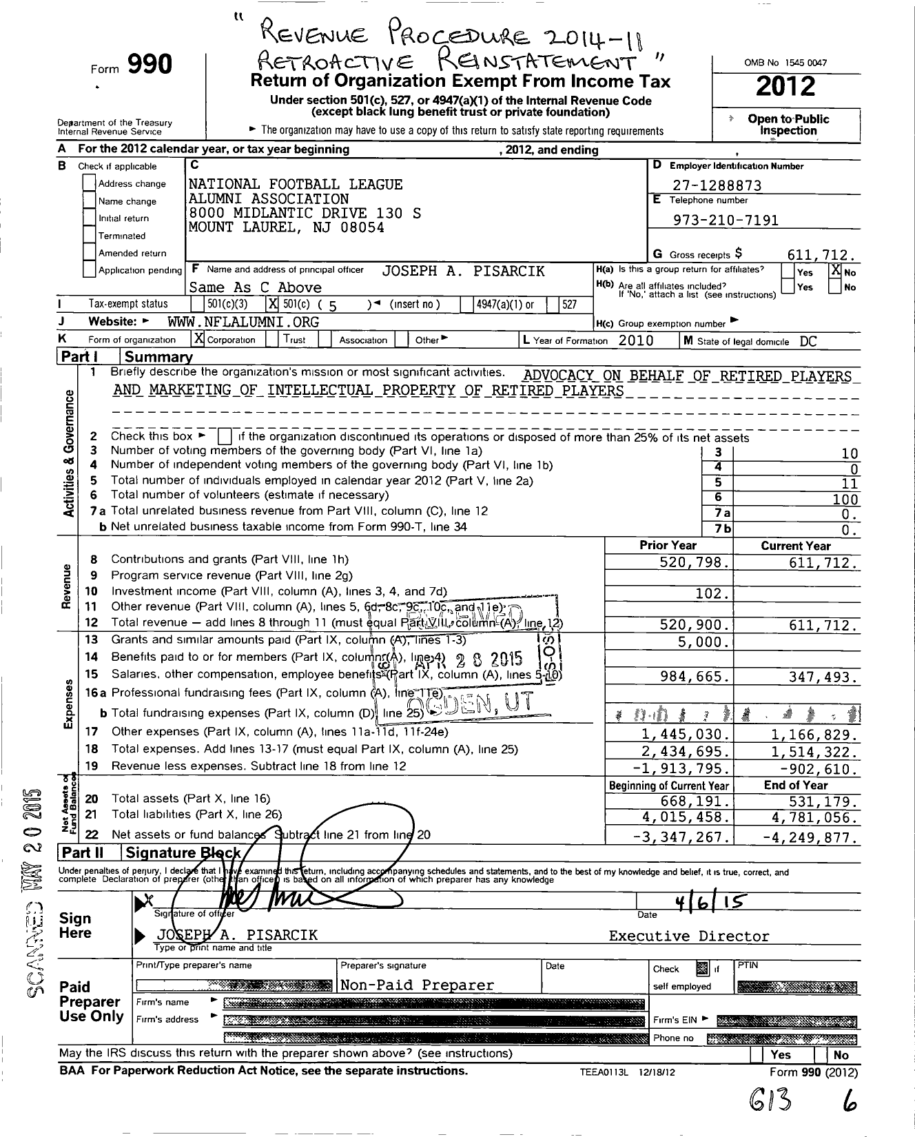 Image of first page of 2012 Form 990O for National Football League Alumni Association