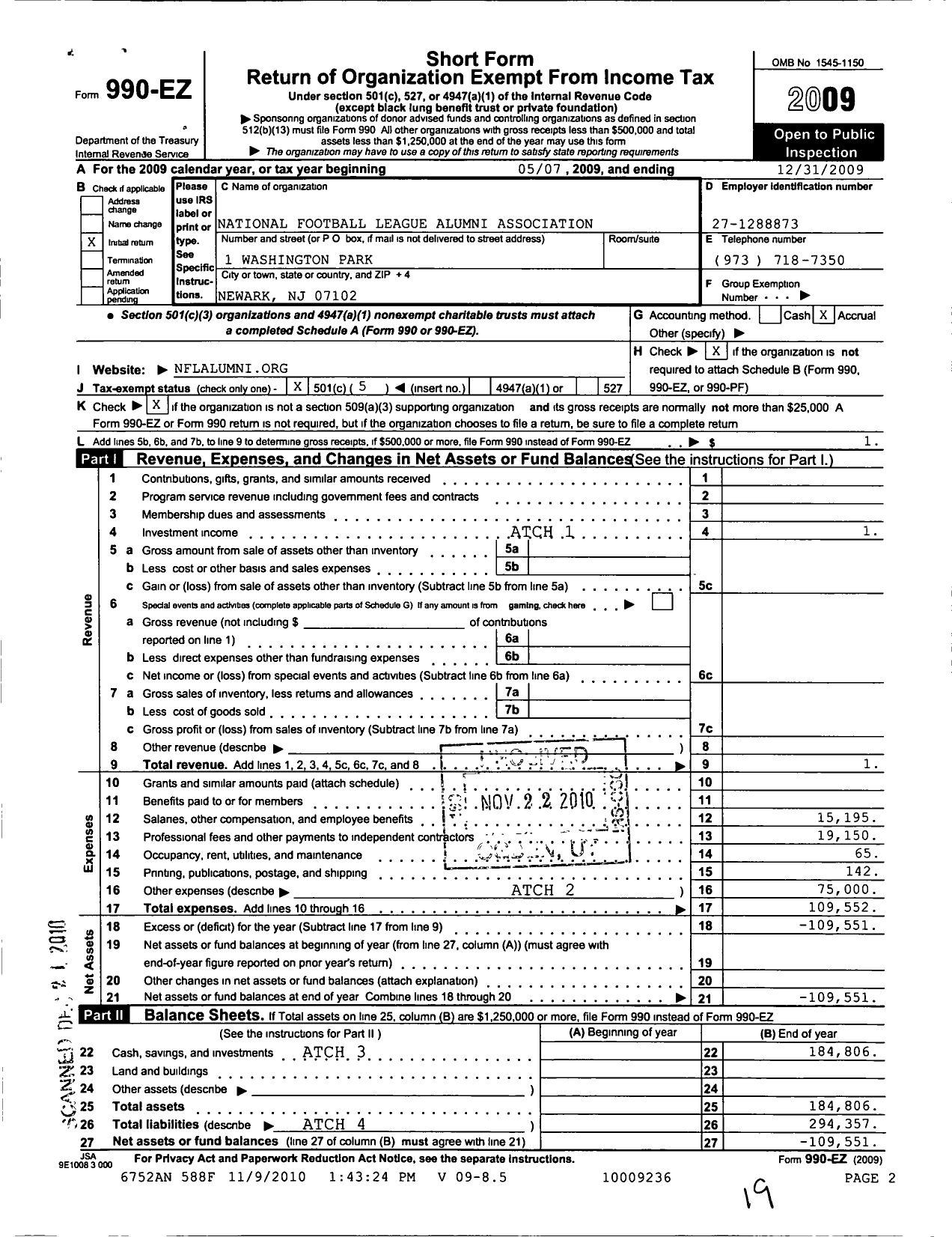 Image of first page of 2009 Form 990EO for National Football League Alumni Association