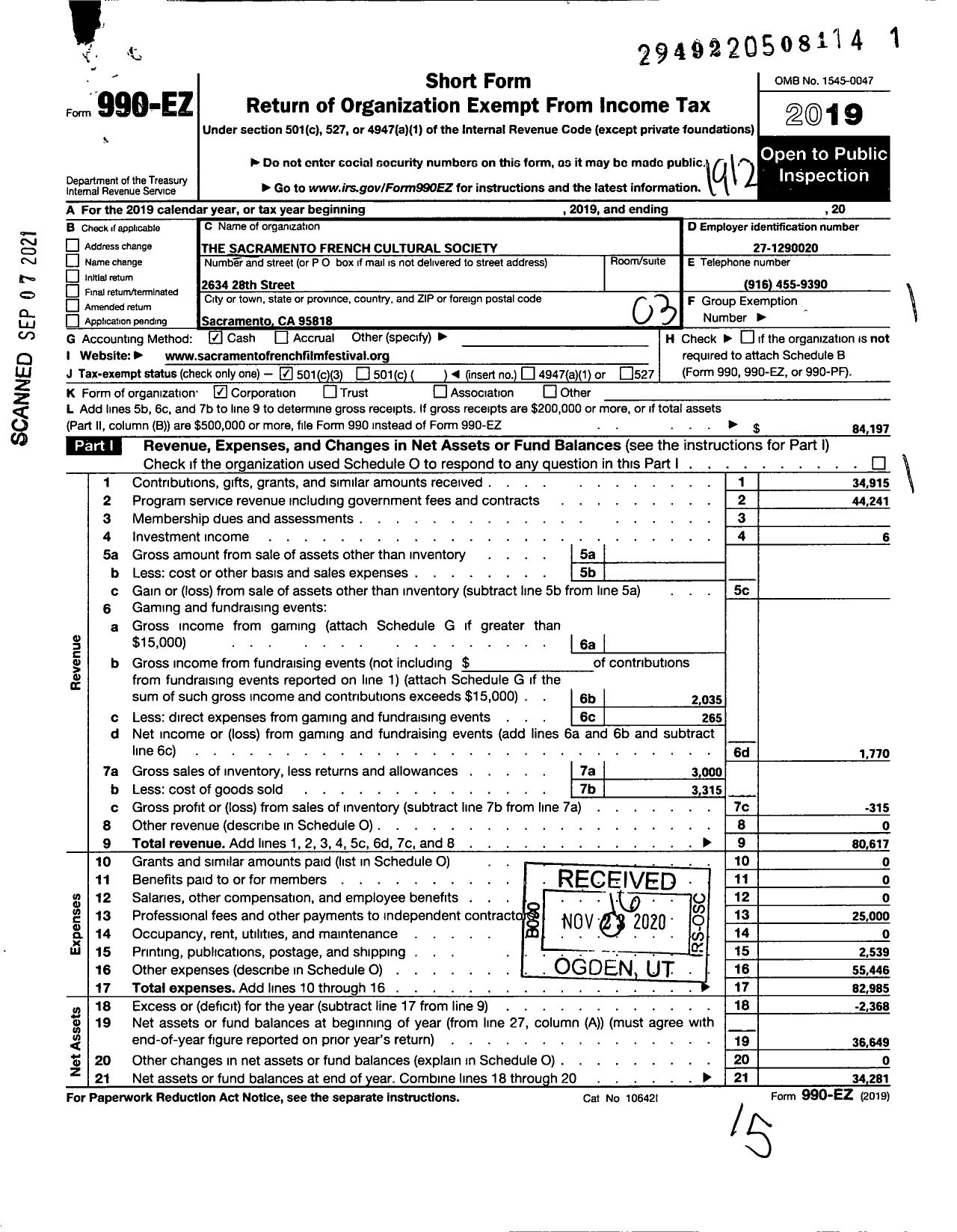 Image of first page of 2019 Form 990EZ for Sacramento French Cultural Society