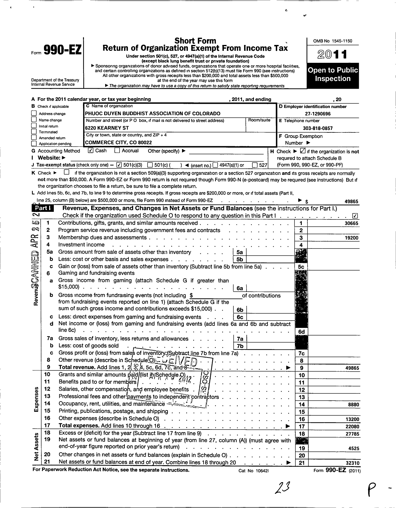 Image of first page of 2011 Form 990EZ for Phuoc Duyen Buddhist Association of Colorado