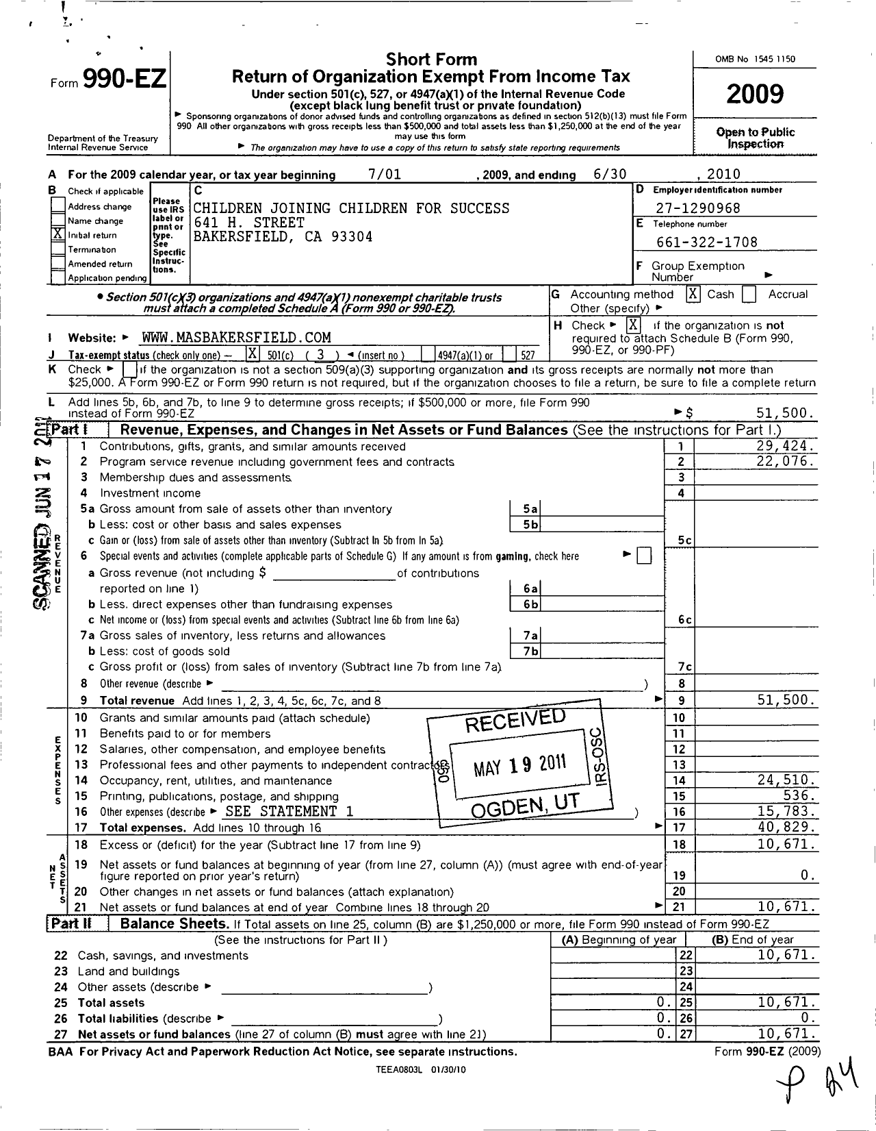 Image of first page of 2009 Form 990EZ for Children Joining Children for Success