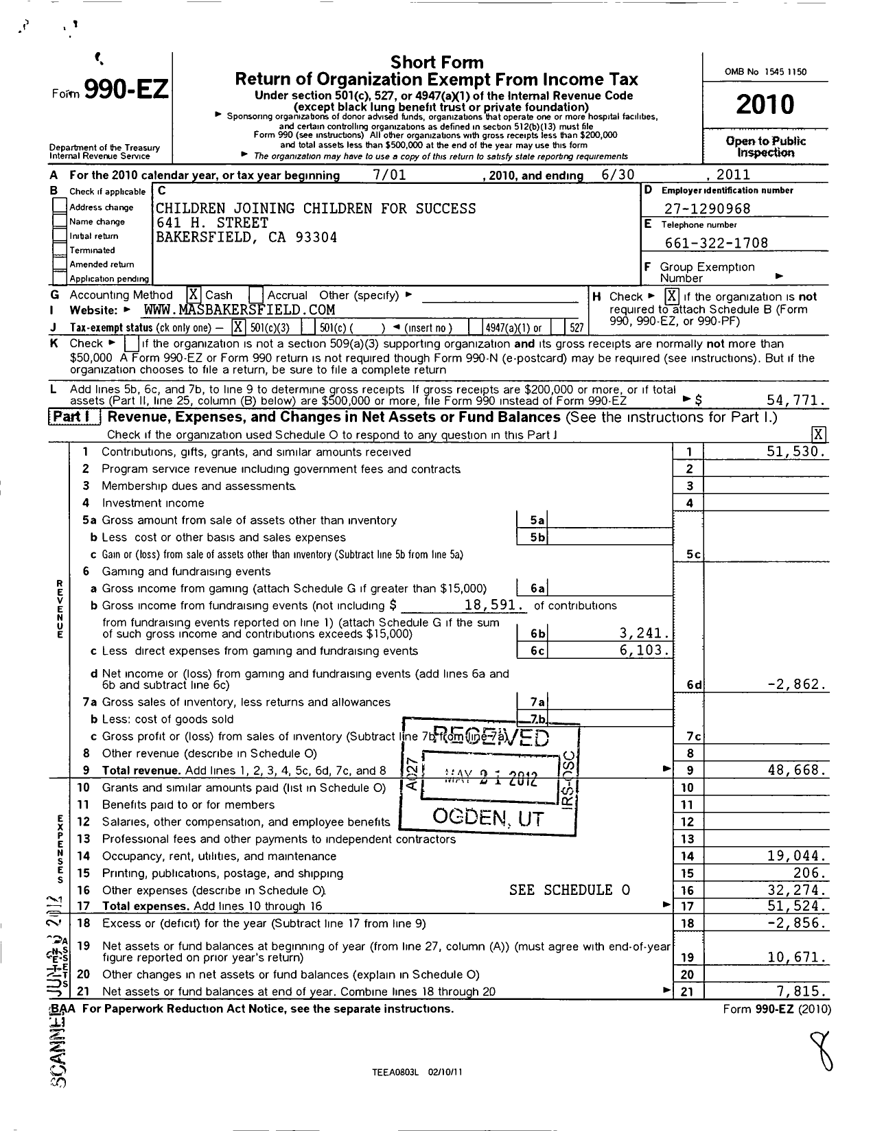 Image of first page of 2010 Form 990EZ for Children Joining Children for Success