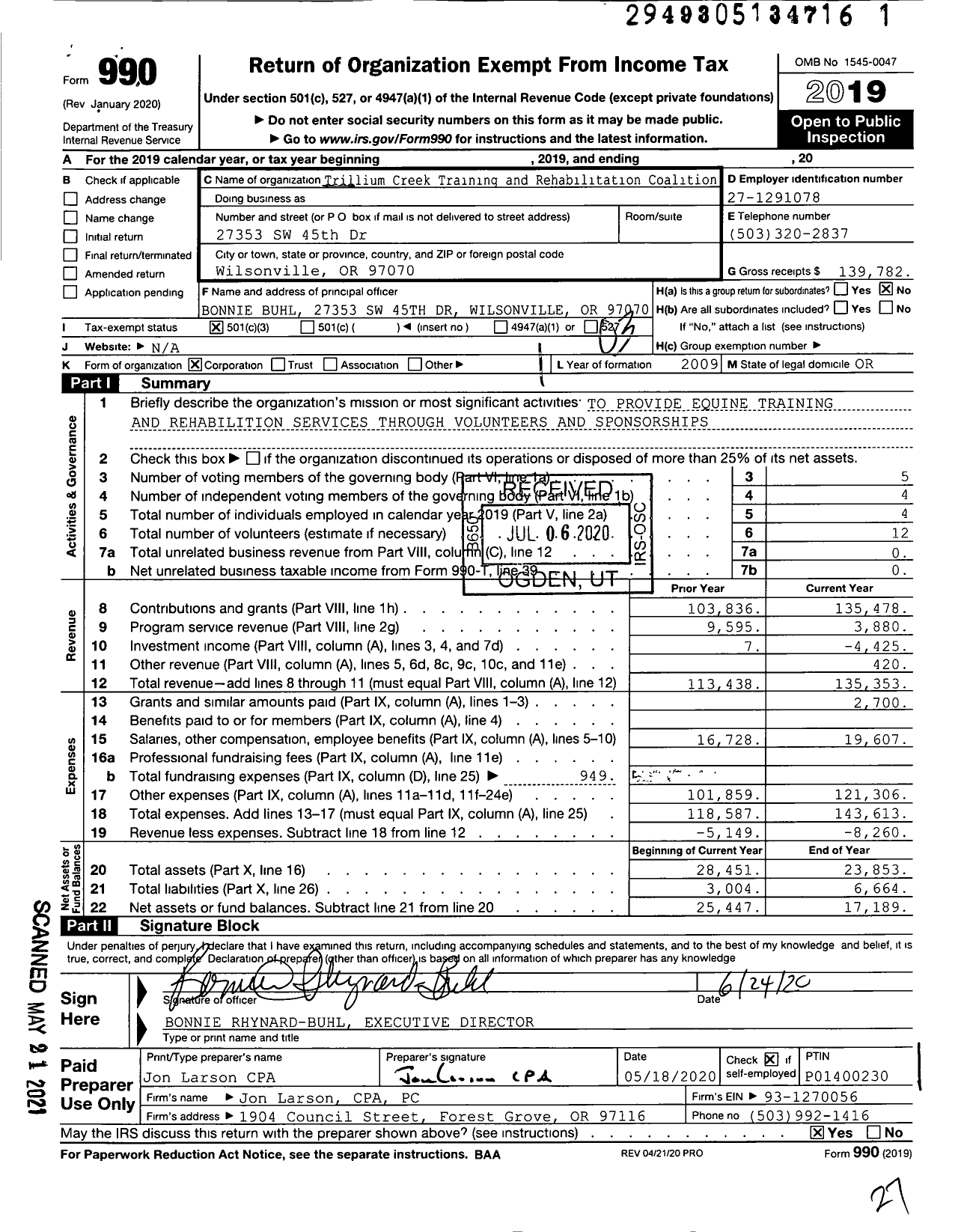 Image of first page of 2019 Form 990 for Trillium Creek Training and Rehabilitation Coalition