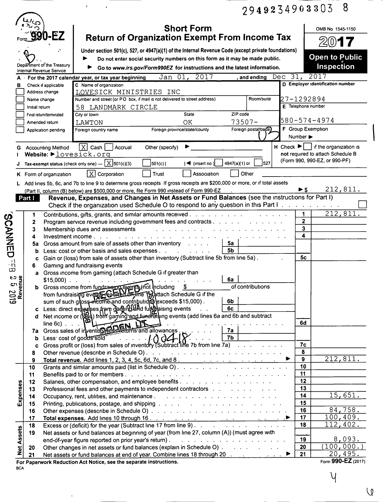 Image of first page of 2017 Form 990EZ for Lovesick Ministries