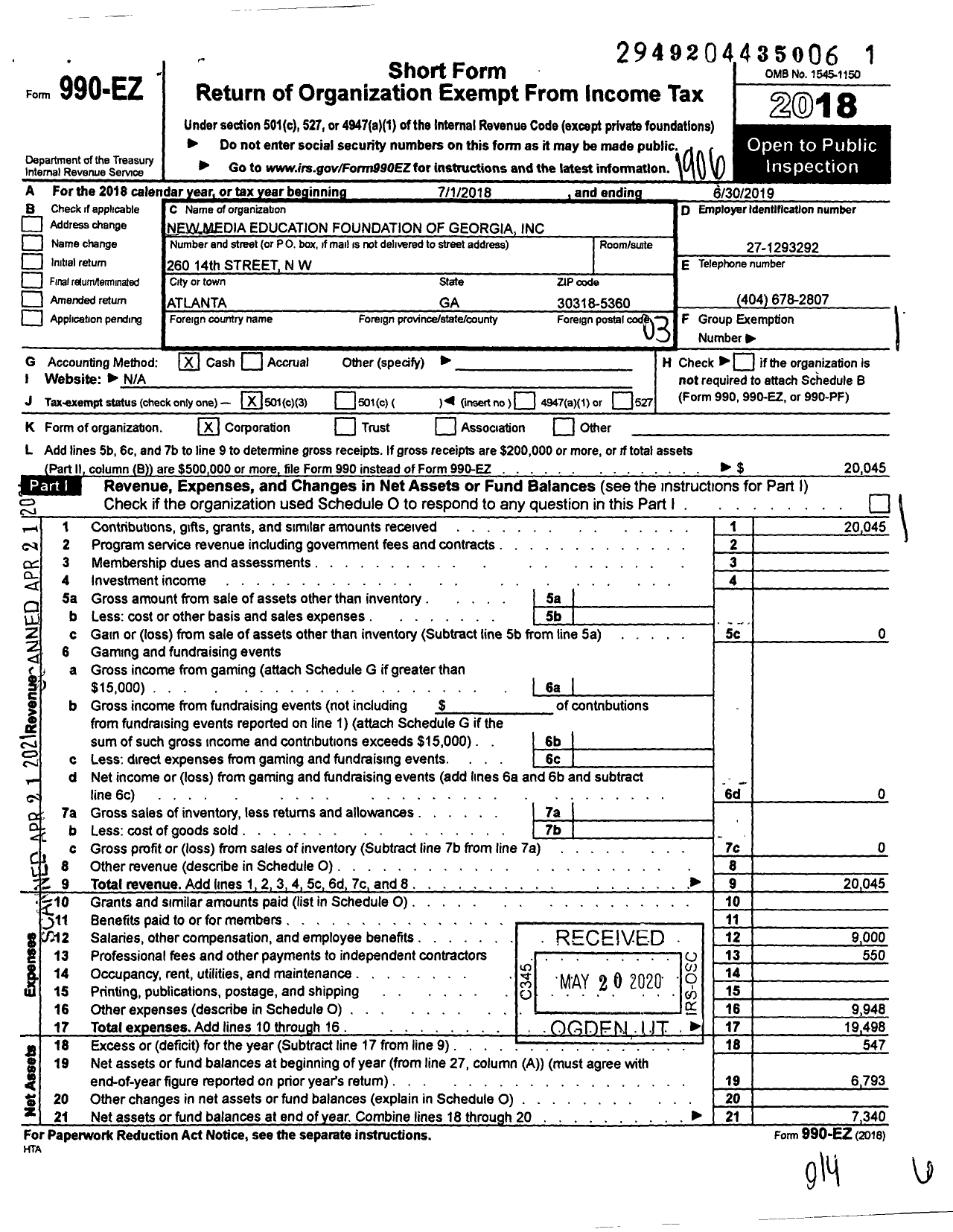 Image of first page of 2018 Form 990EZ for New Media Education Foundation of Georgia