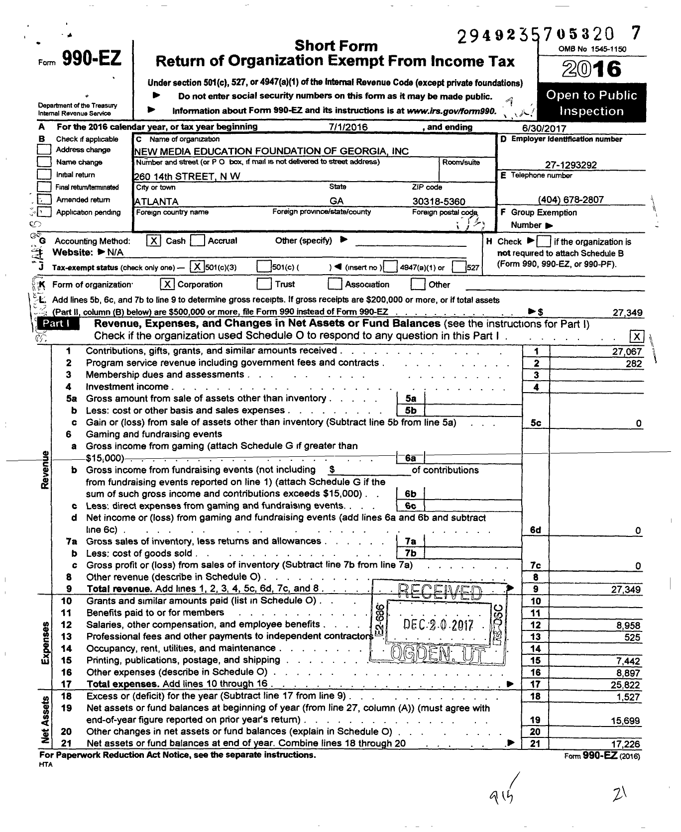 Image of first page of 2016 Form 990EZ for New Media Education Foundation of Georgia