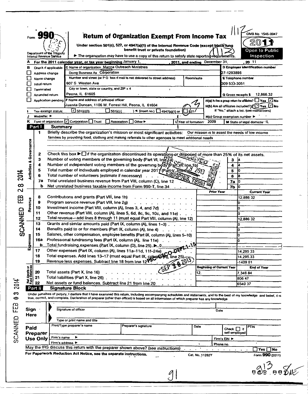 Image of first page of 2011 Form 990 for Manna Outreach Ministries