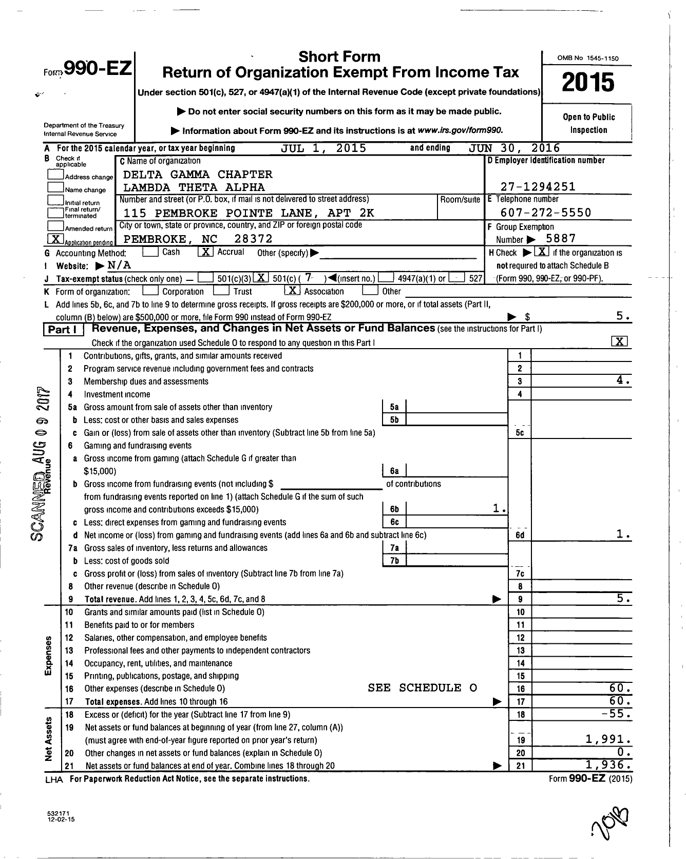 Image of first page of 2015 Form 990EO for Lambda Theta Alpha Delta Gamma Chapter