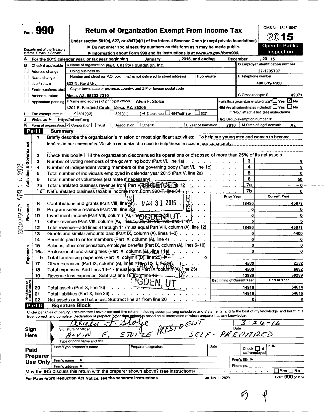 Image of first page of 2015 Form 990 for MBC Charity Foundation