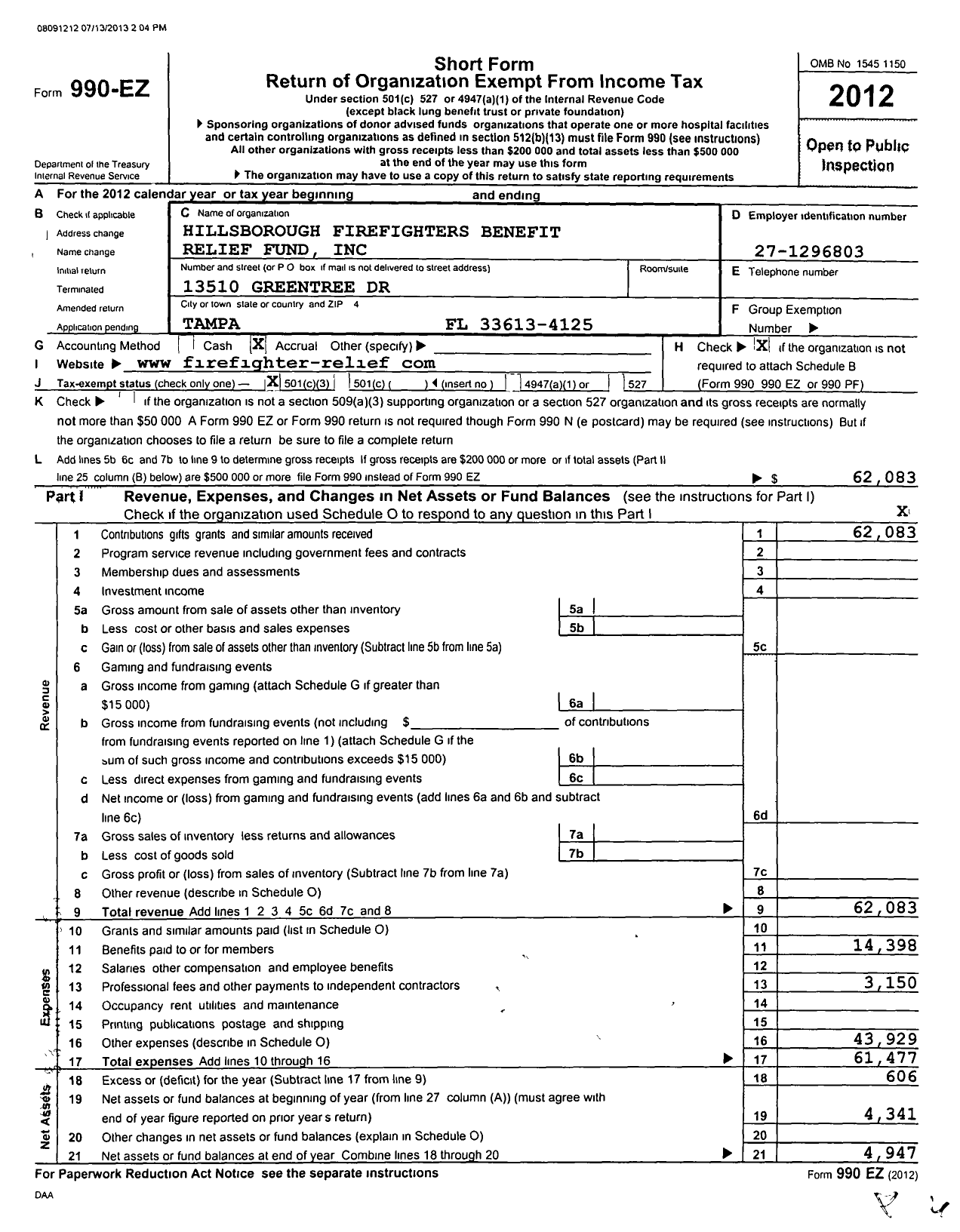 Image of first page of 2012 Form 990EZ for Hillsborough Firefighters Benefit Relief Fund