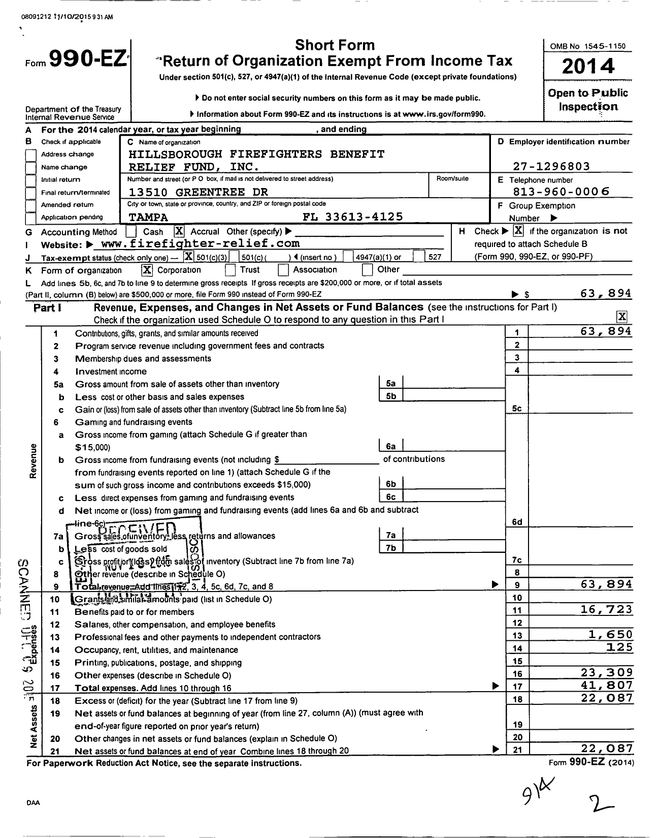 Image of first page of 2014 Form 990EZ for Hillsborough Firefighters Benefit Relief Fund