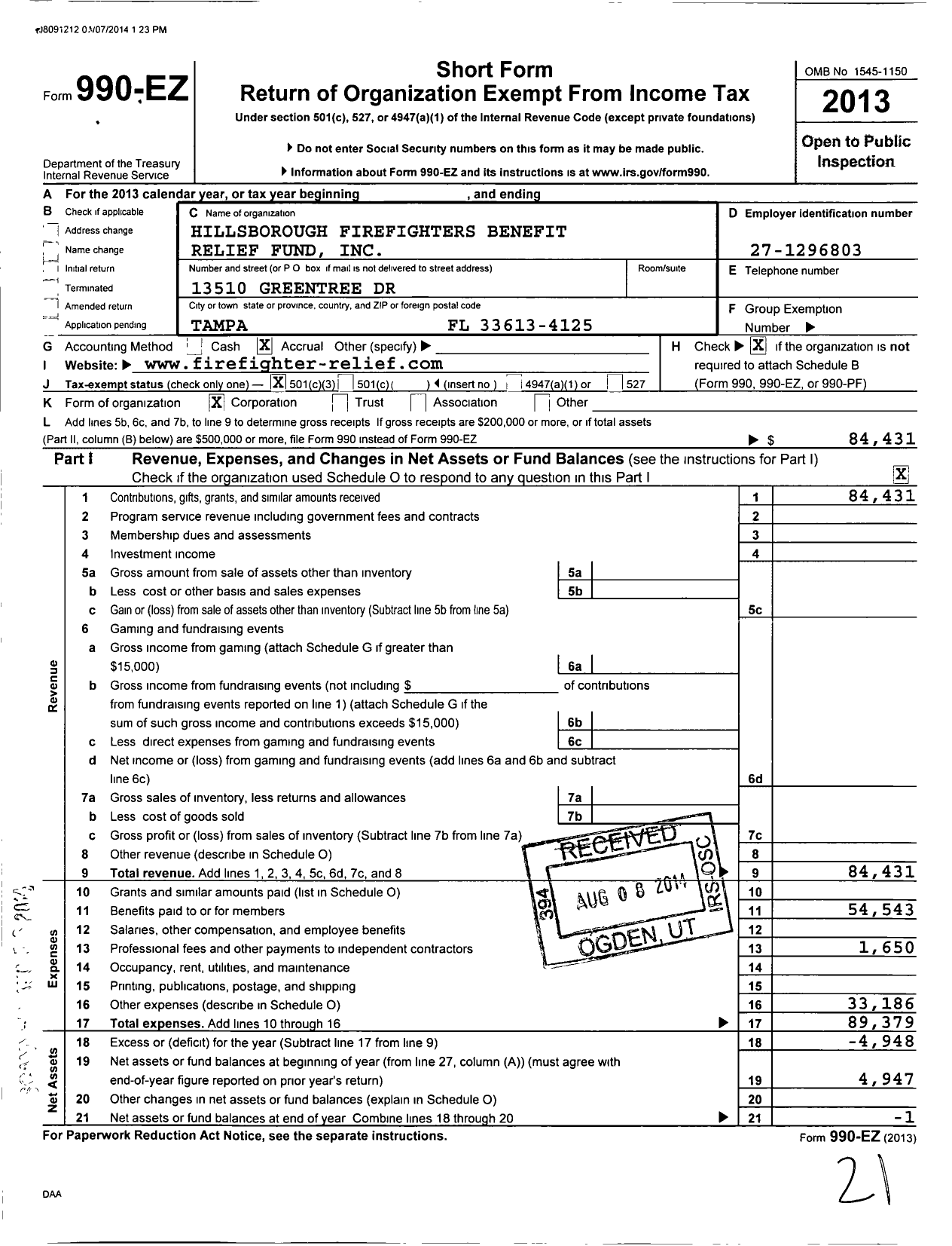 Image of first page of 2013 Form 990EZ for Hillsborough Firefighters Benefit Relief Fund