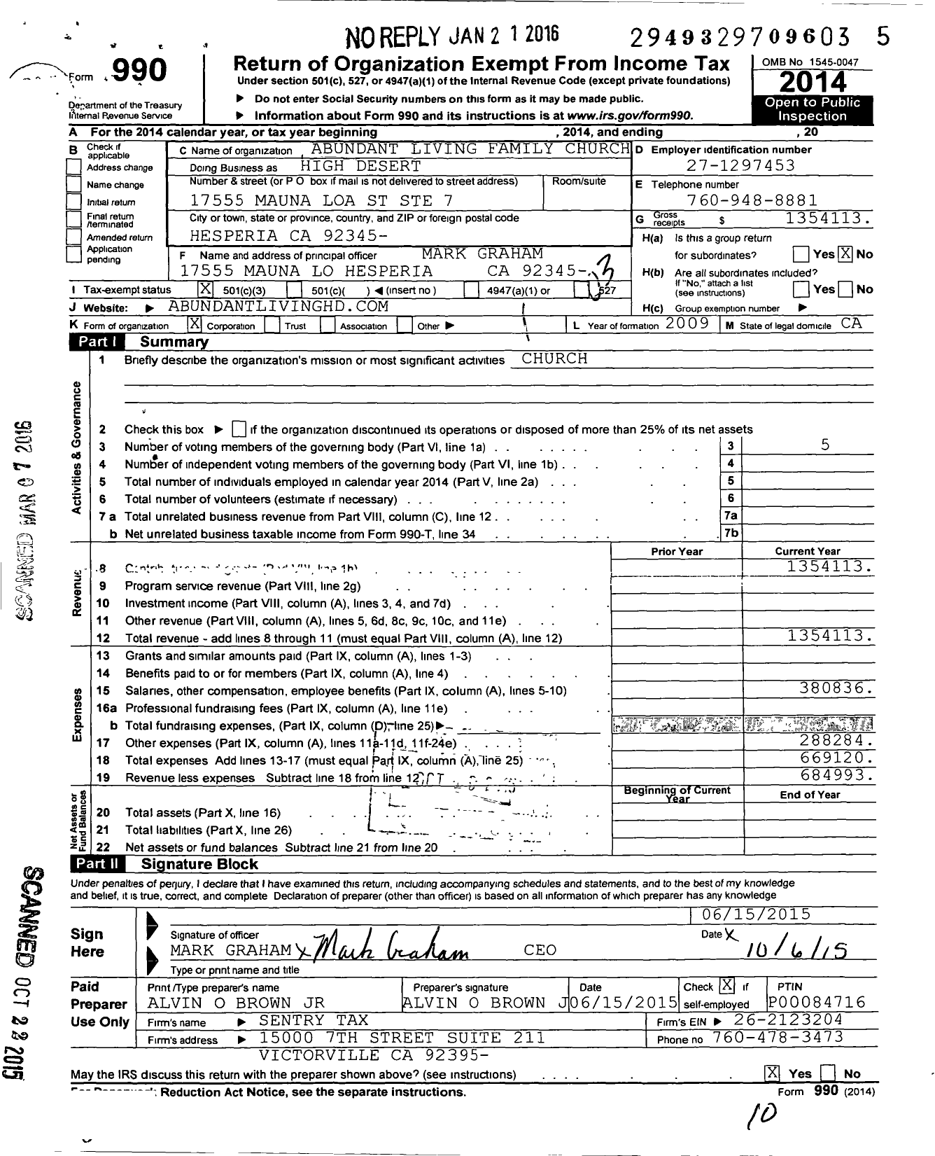 Image of first page of 2014 Form 990 for Abundant Living Family Church