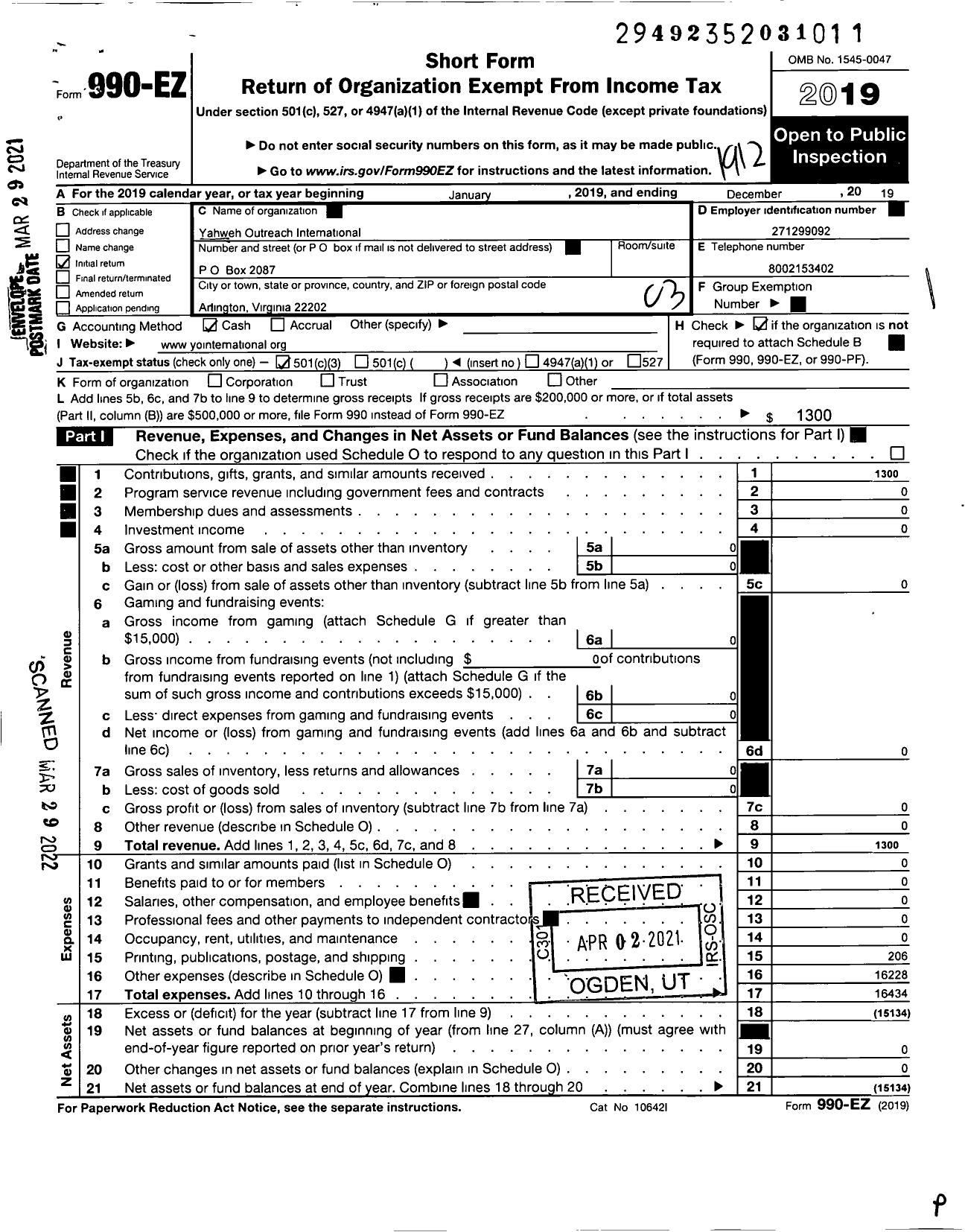 Image of first page of 2019 Form 990EZ for Yahweh Outreach International