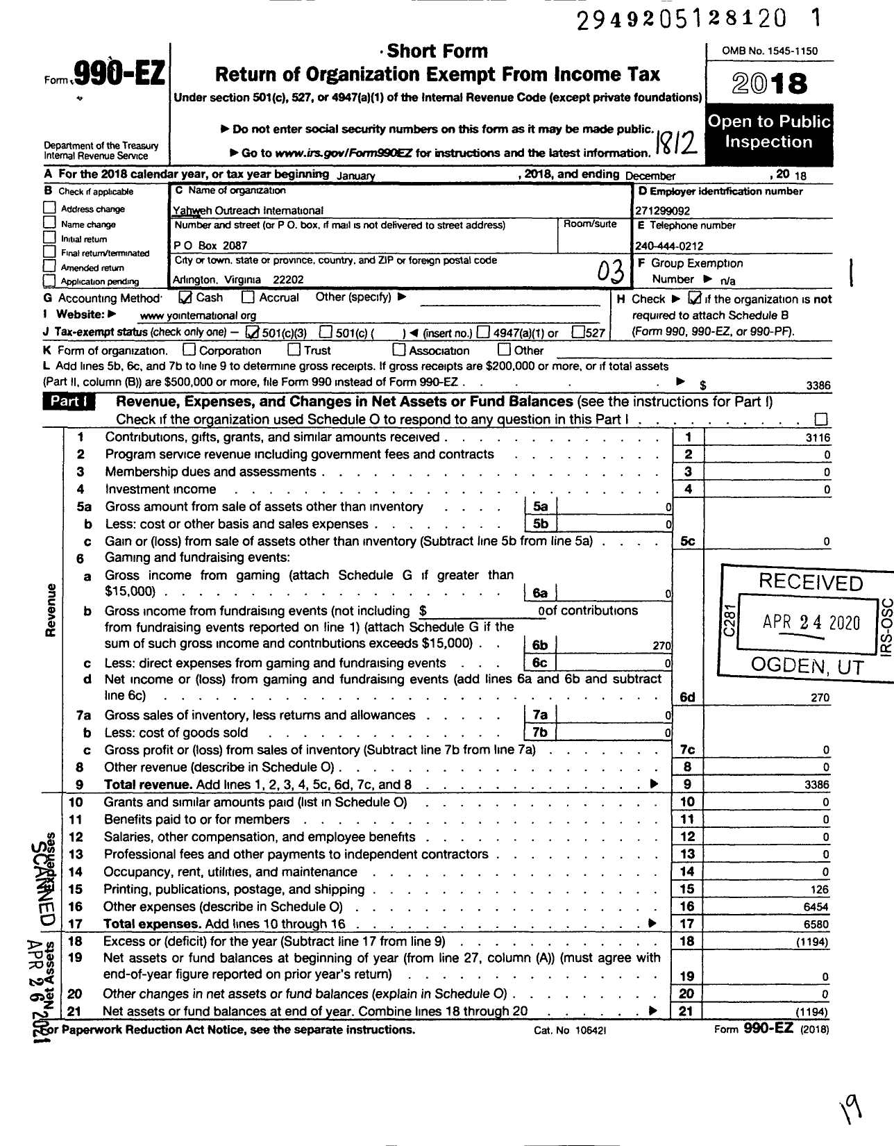 Image of first page of 2018 Form 990EZ for Yahweh Outreach International