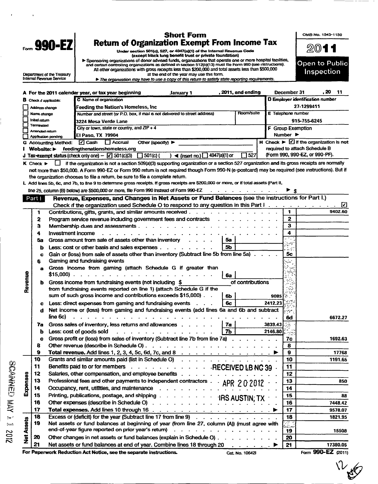 Image of first page of 2011 Form 990EZ for Feeding the Nations Homeless