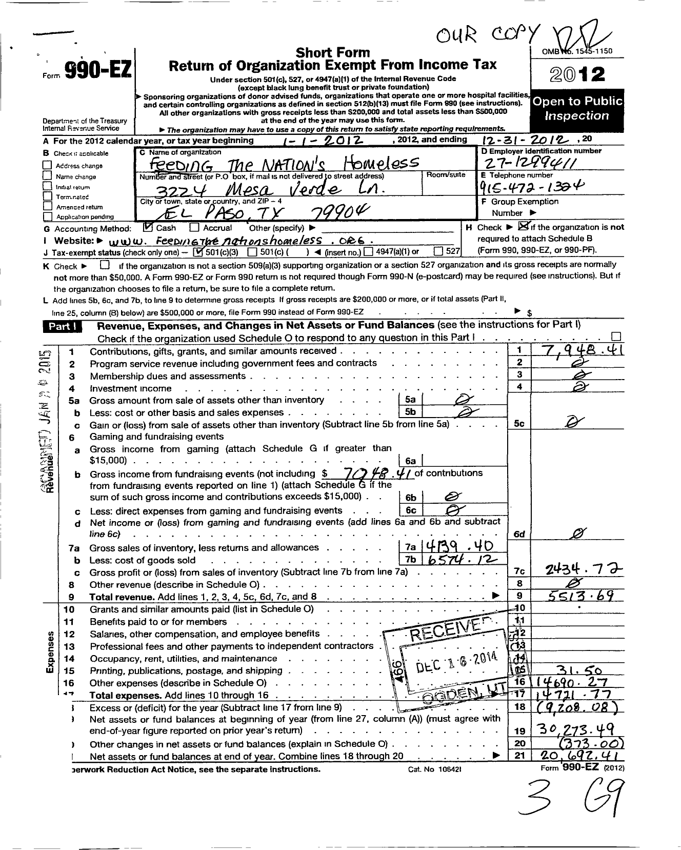 Image of first page of 2012 Form 990EZ for Feeding the Nations Homeless