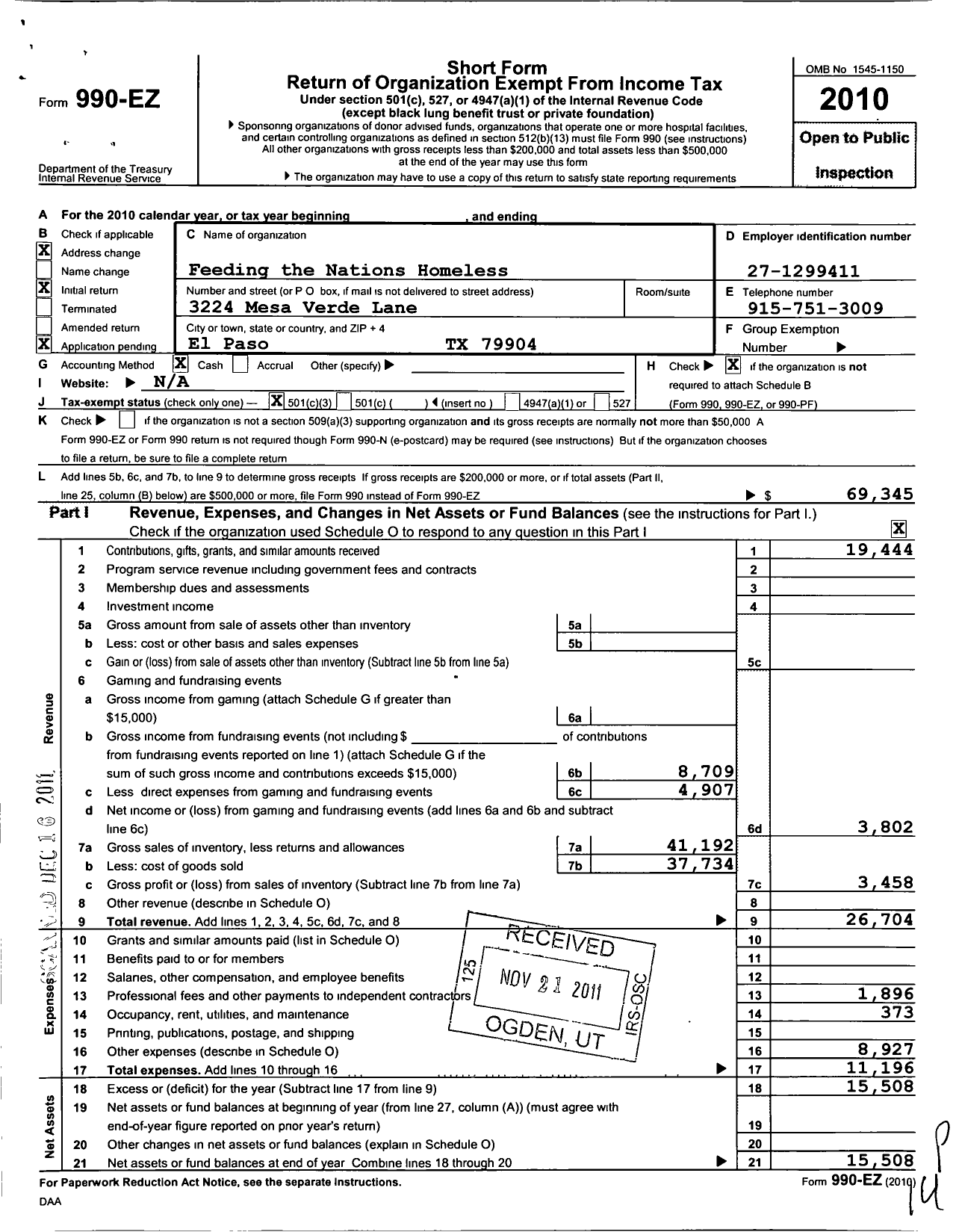 Image of first page of 2010 Form 990EZ for Feeding the Nations Homeless