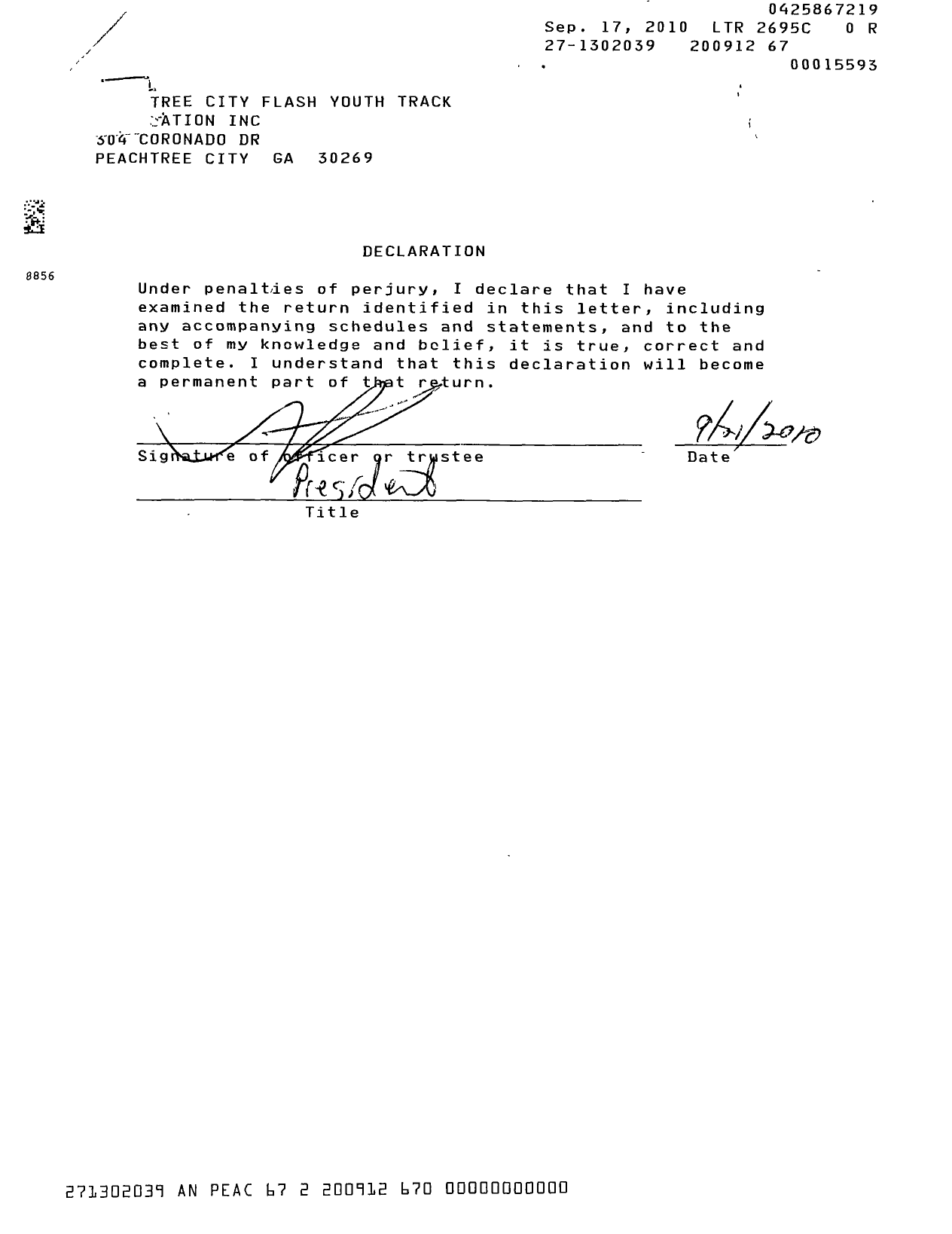 Image of first page of 2009 Form 990ER for Peachtree City Youth Track Association