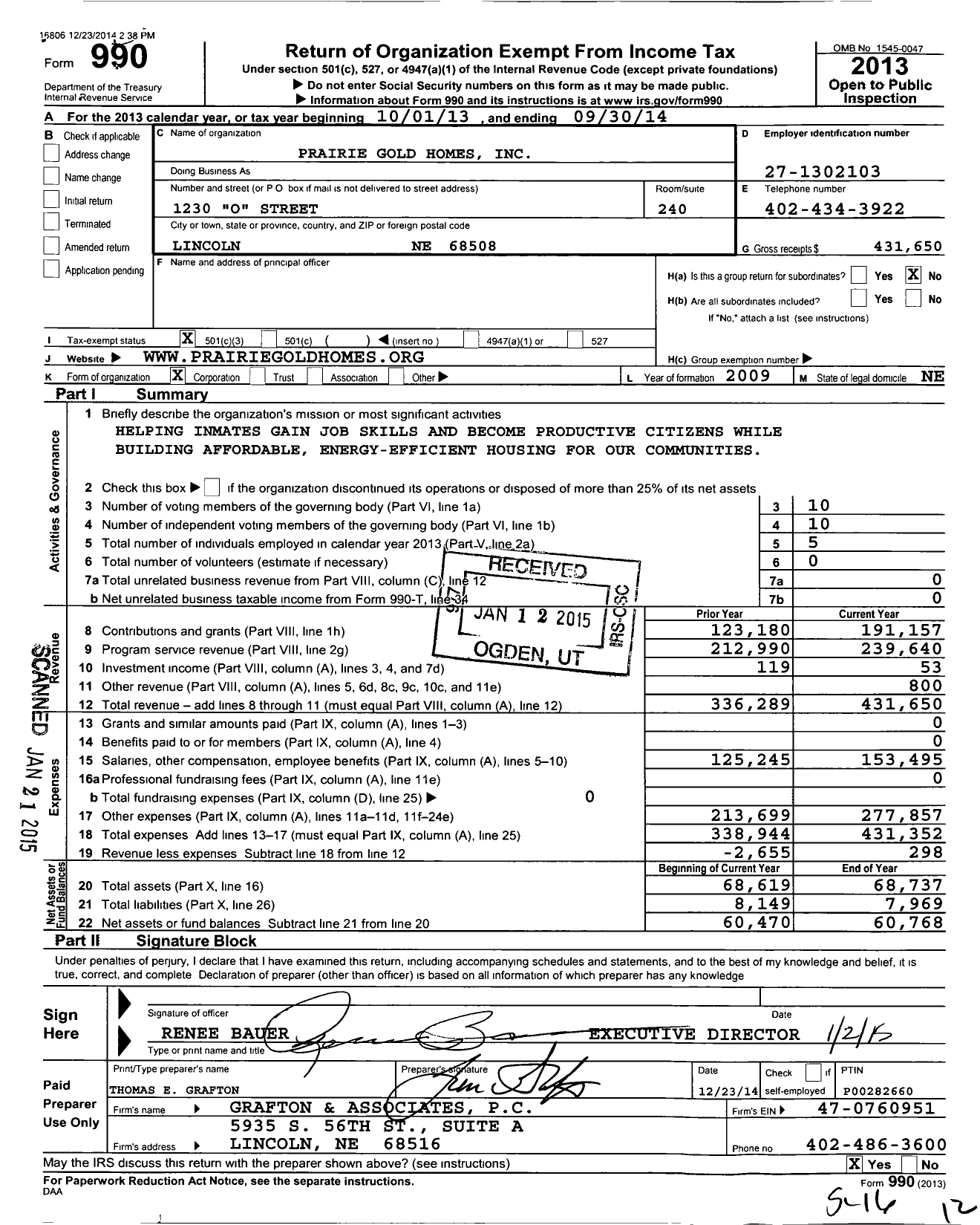 Image of first page of 2013 Form 990 for Prairie Gold Homes
