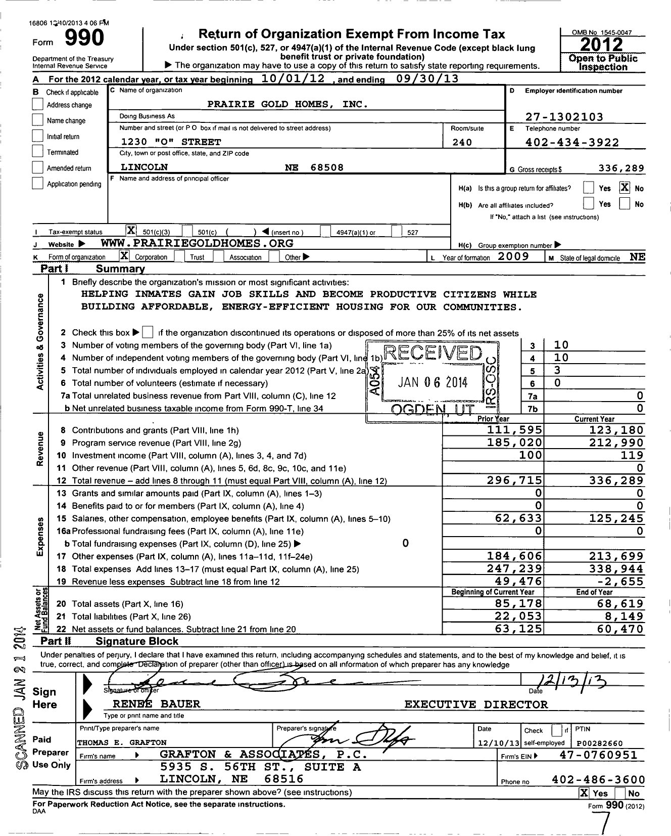 Image of first page of 2012 Form 990 for Prairie Gold Homes