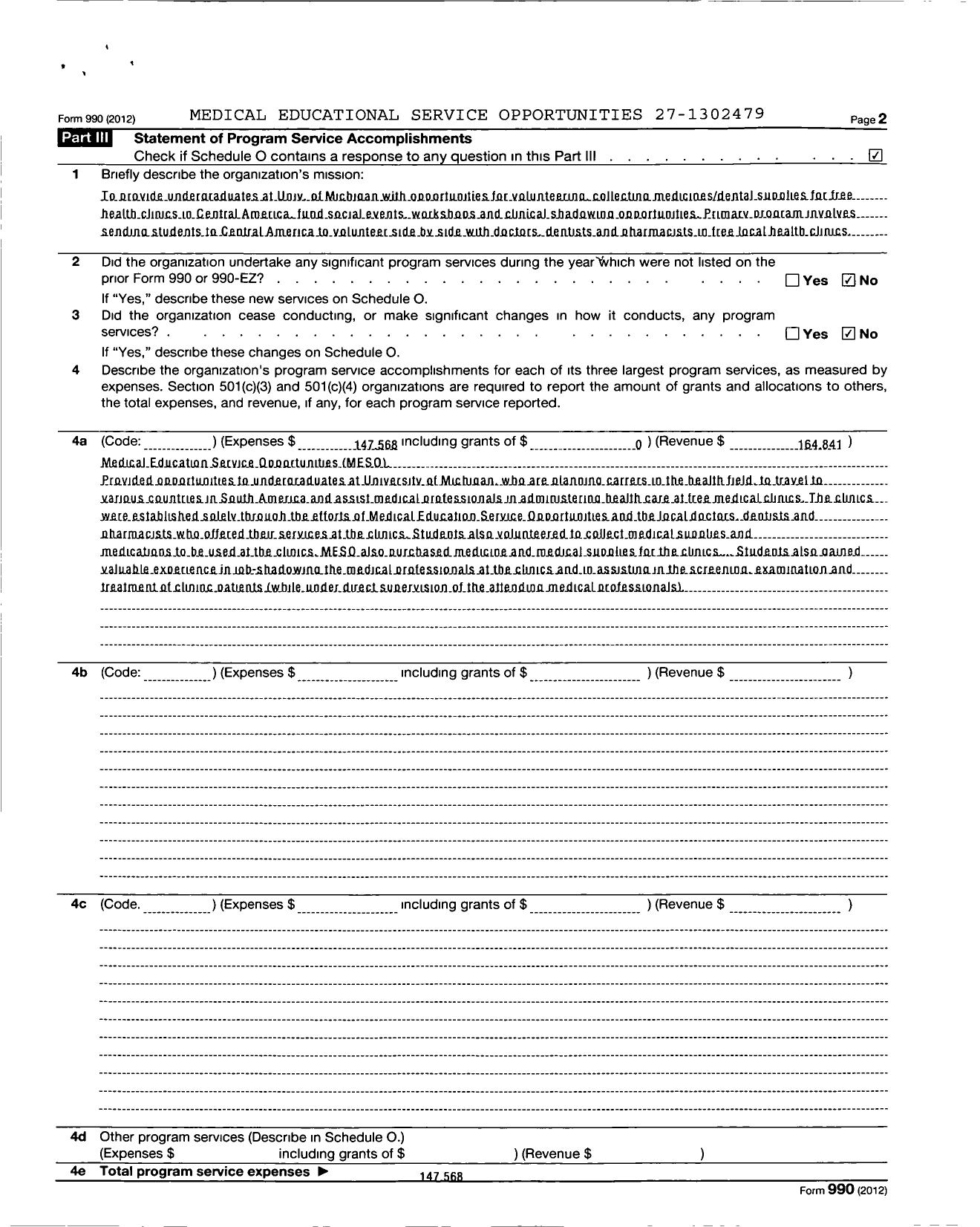 Image of first page of 2012 Form 990 for Medical Educational Service