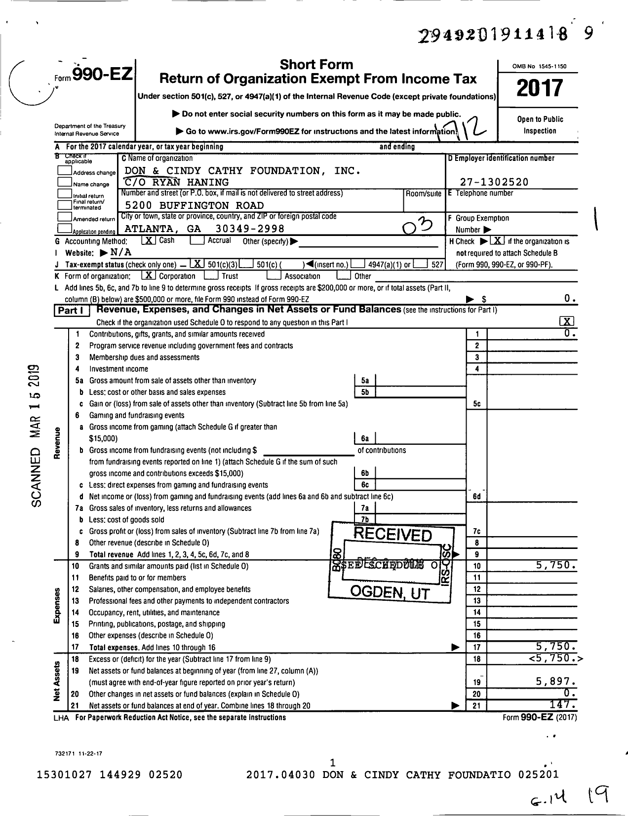 Image of first page of 2017 Form 990EZ for Don and Cindy Cathy Foundation