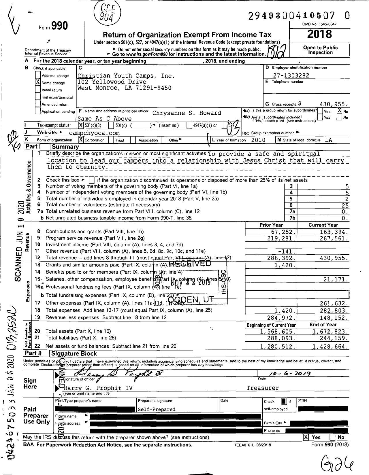 Image of first page of 2018 Form 990 for Christian Youth Camps