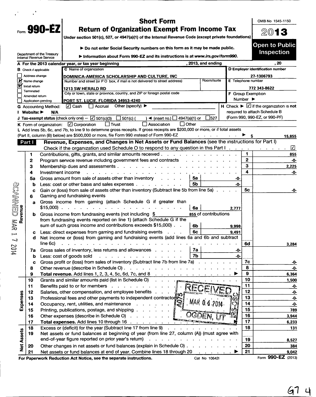 Image of first page of 2013 Form 990EZ for Dominica-America Scholarship and Culture