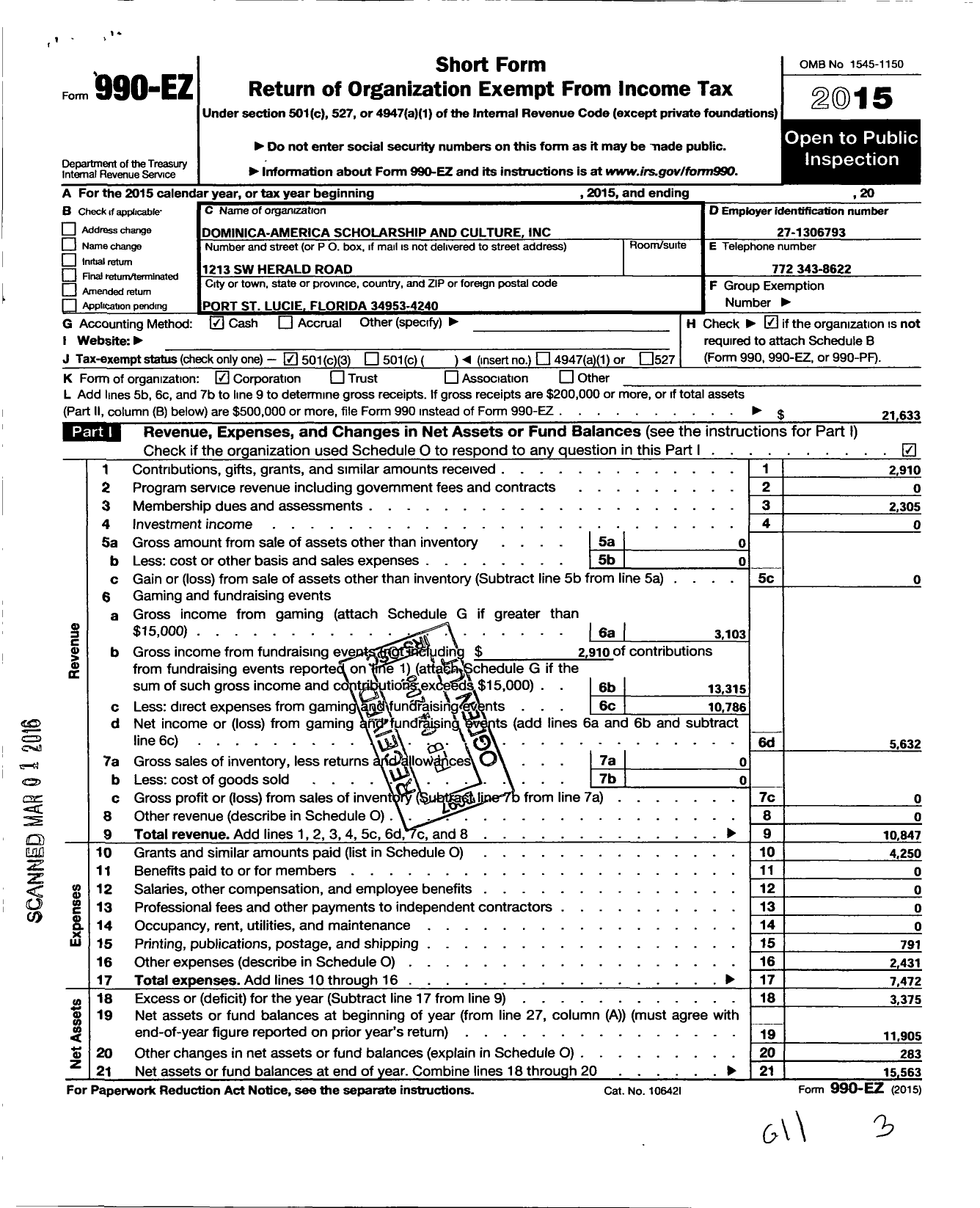 Image of first page of 2015 Form 990EZ for Dominica-America Scholarship and Culture