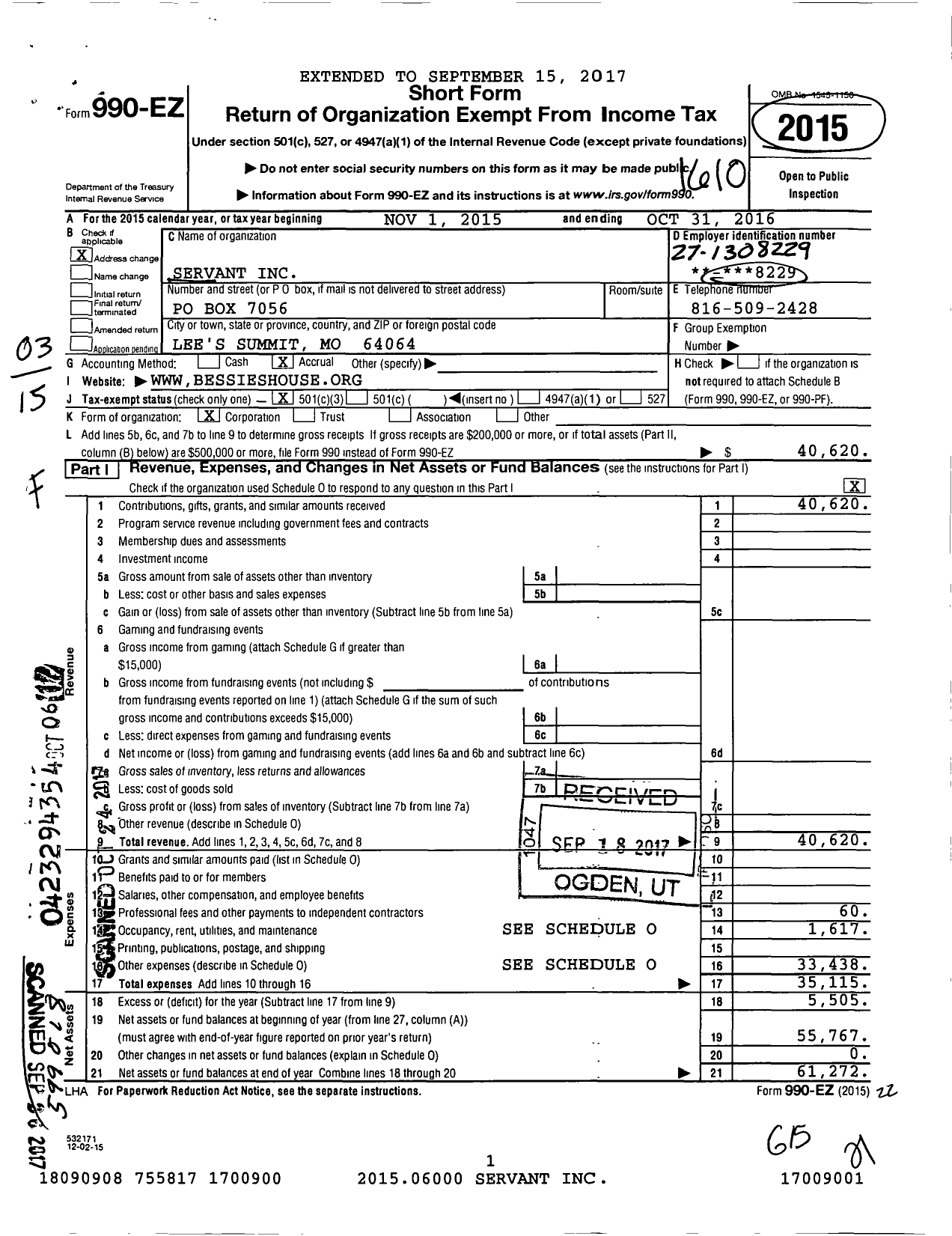 Image of first page of 2015 Form 990EZ for Servant