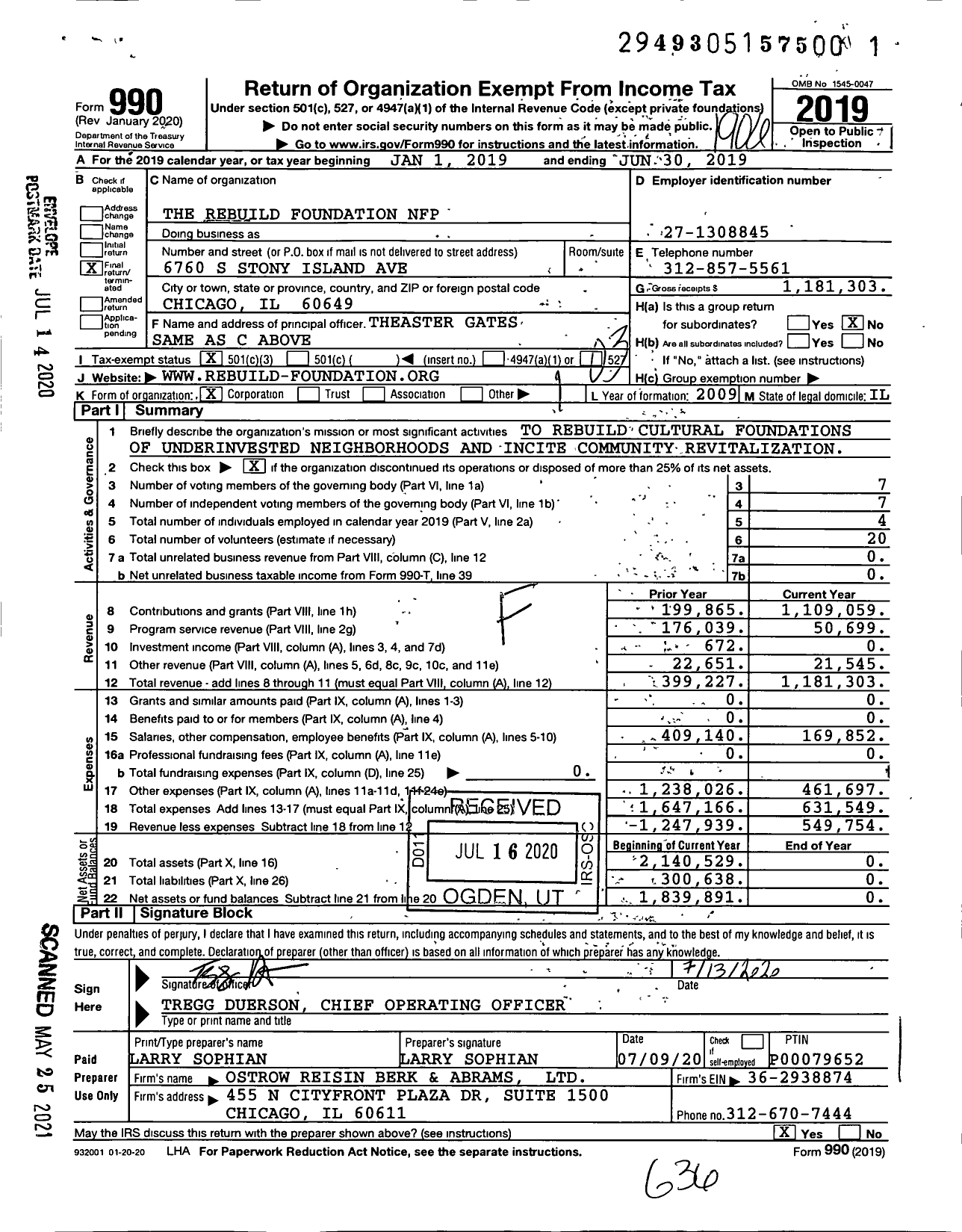 Image of first page of 2018 Form 990 for The Rebuild Foundation NFP