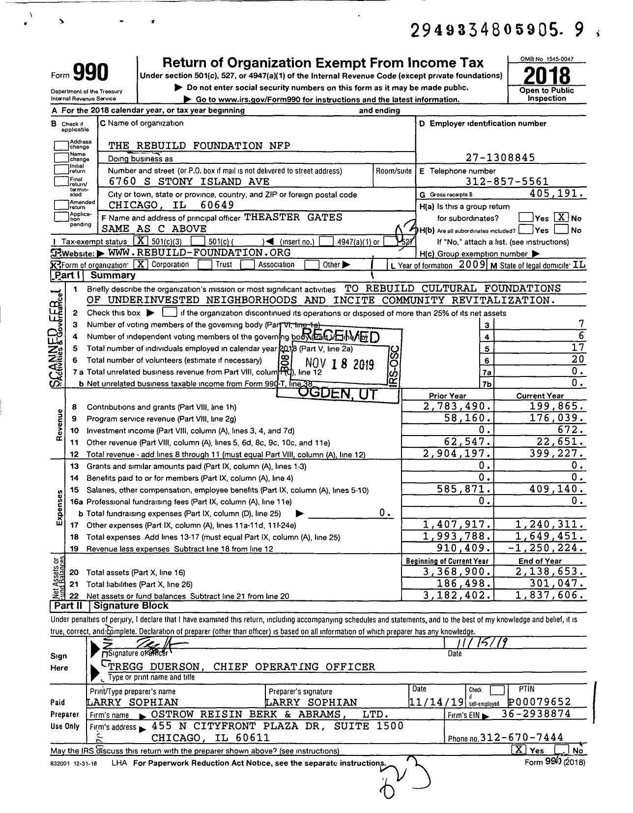 Image of first page of 2018 Form 990 for The Rebuild Foundation NFP