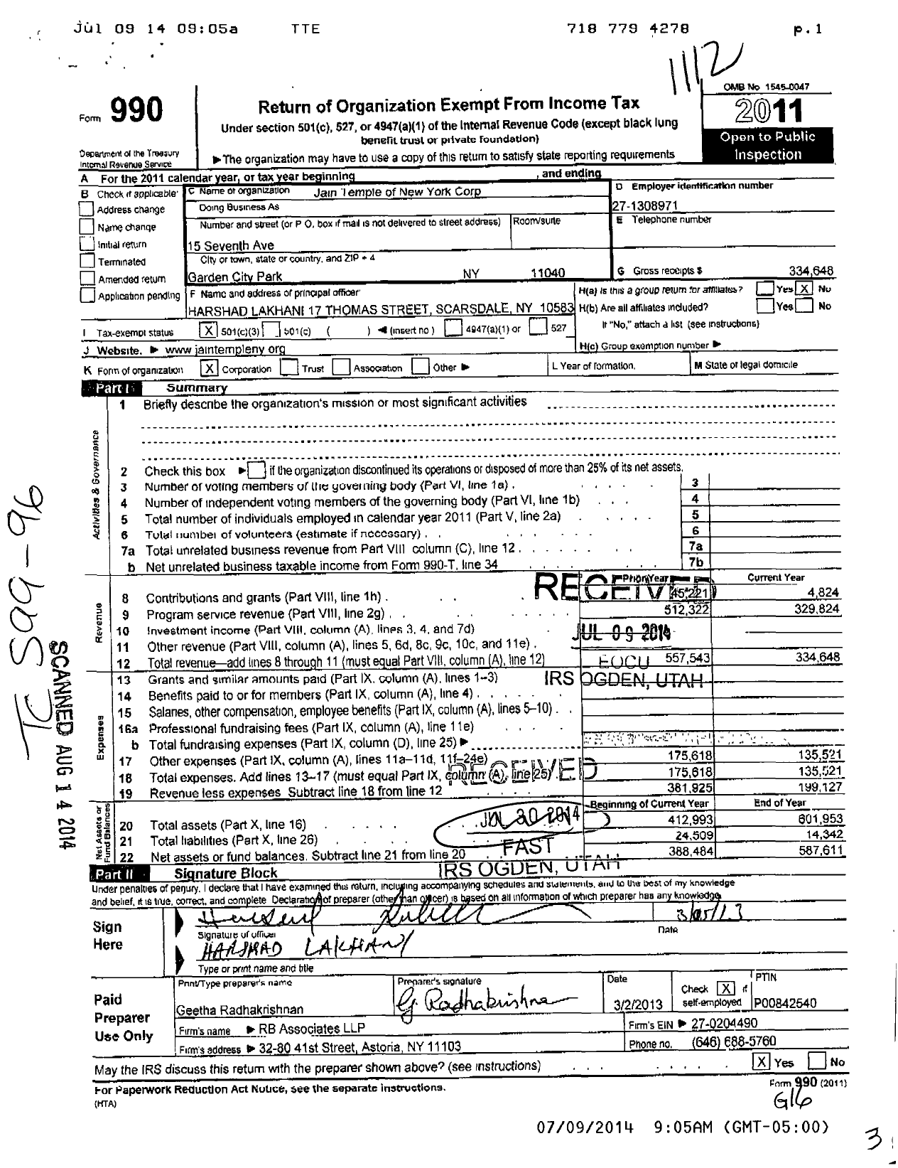 Image of first page of 2011 Form 990 for Jain Temple of New York Corp