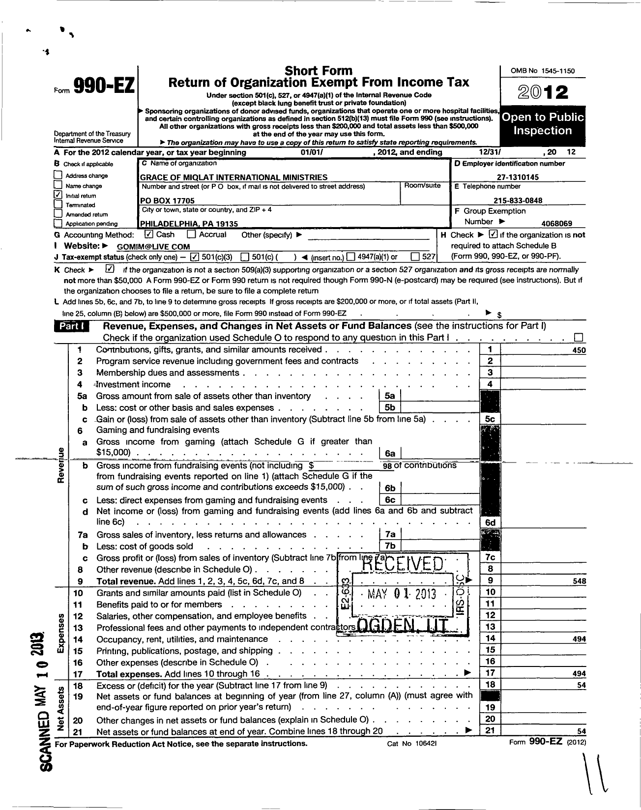 Image of first page of 2012 Form 990EZ for Grace Miqlat International Ministries