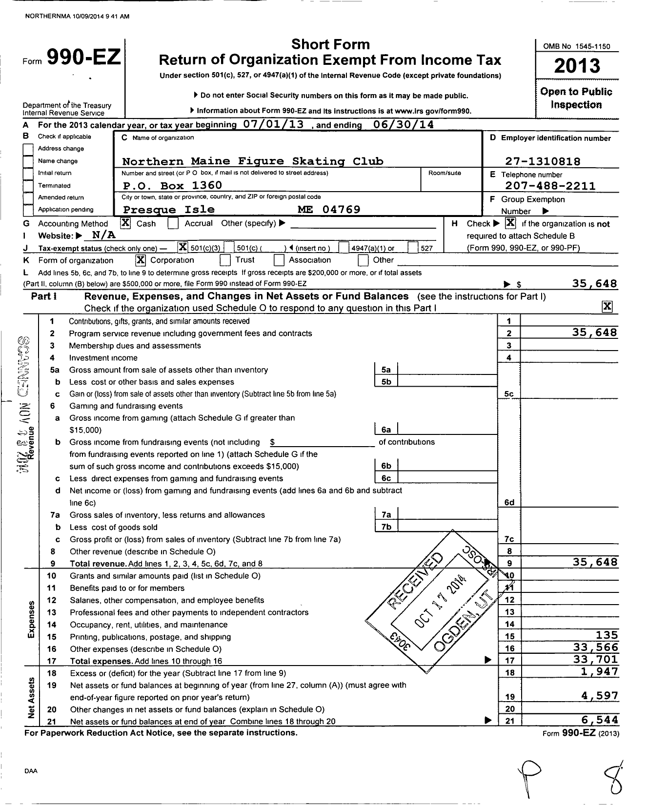 Image of first page of 2013 Form 990EZ for Northern Maine Figure Skating Club