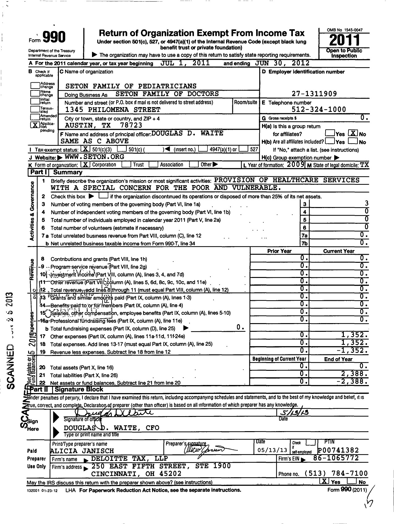 Image of first page of 2011 Form 990 for Seton Family of Pediatricians