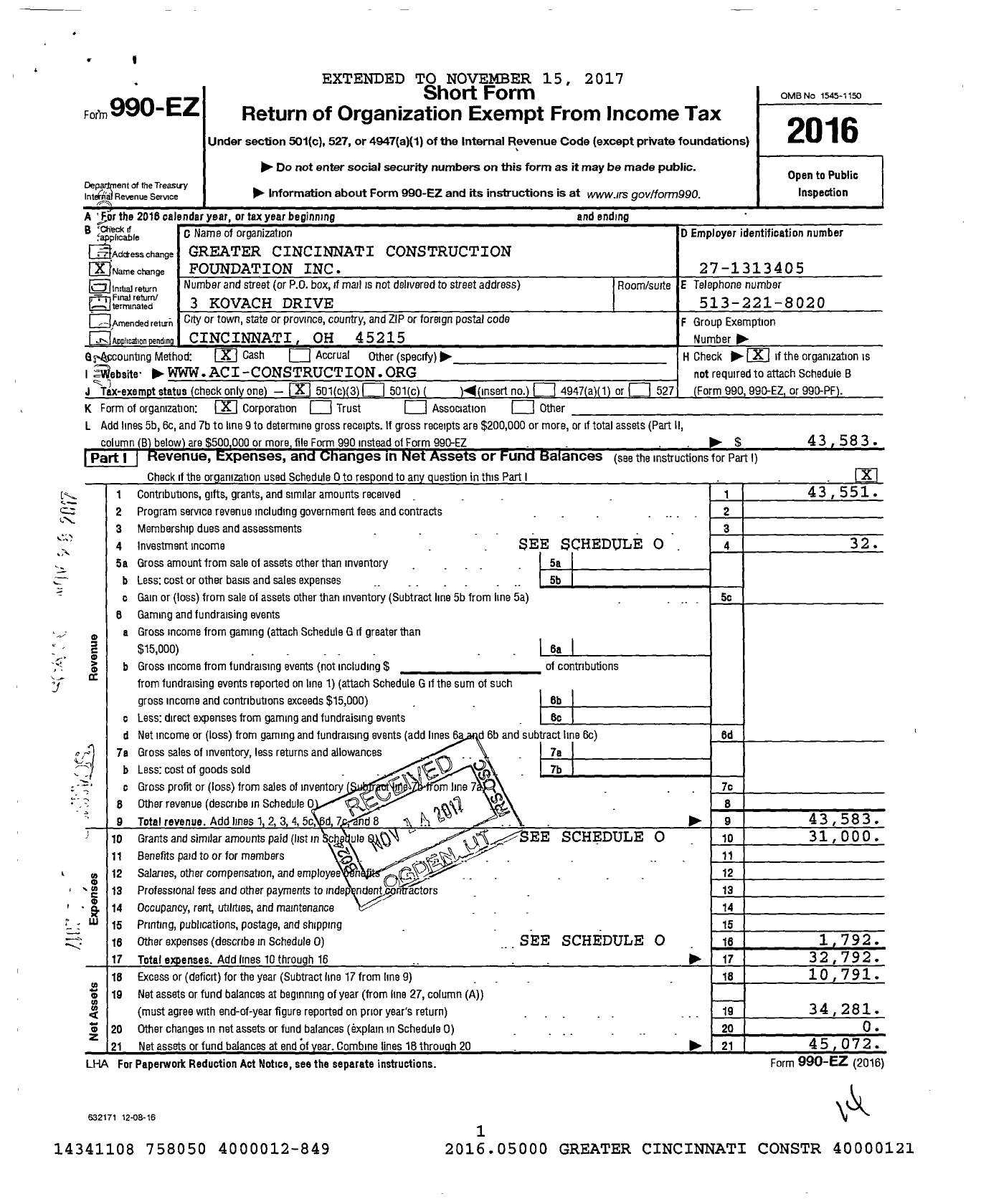 Image of first page of 2016 Form 990EZ for Greater Cincinnati Construction Foundation