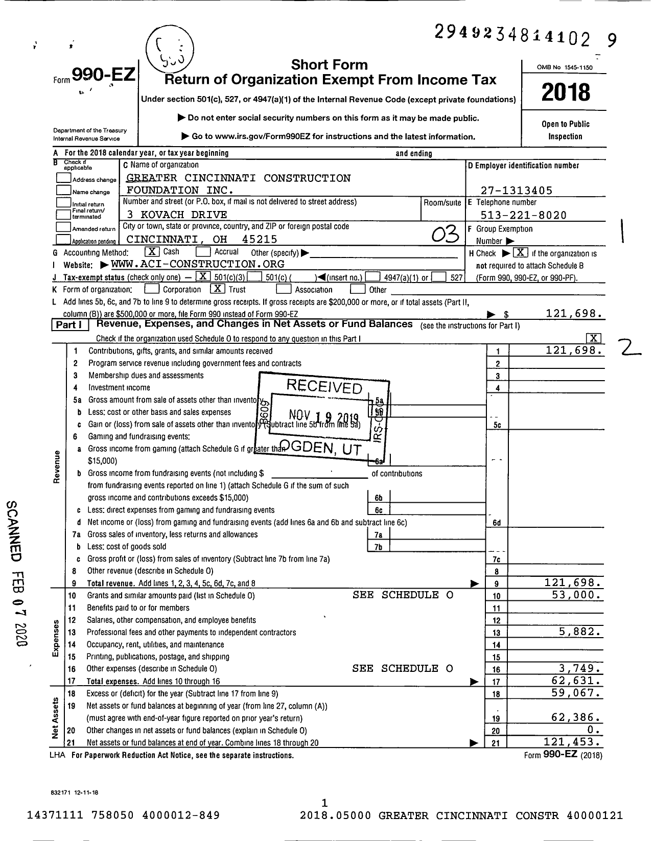 Image of first page of 2018 Form 990EZ for Greater Cincinnati Construction Foundation